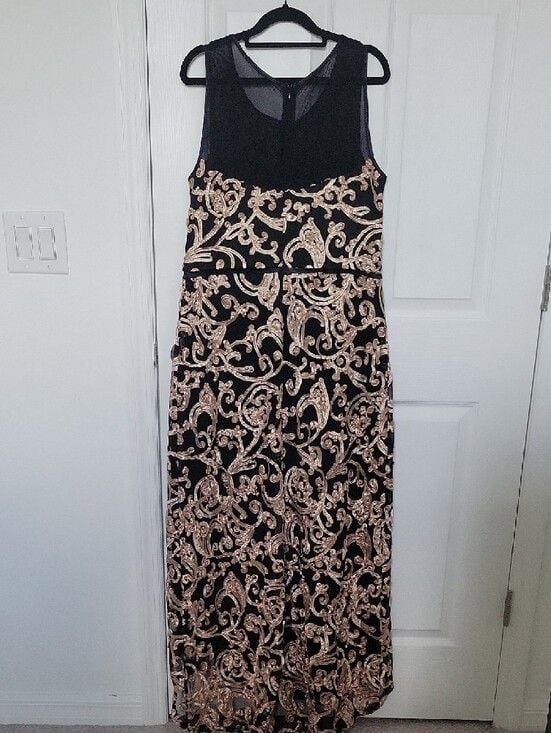 Connected Apparel Black Gold Embroidered Mesh Cocktail Dress Size 10