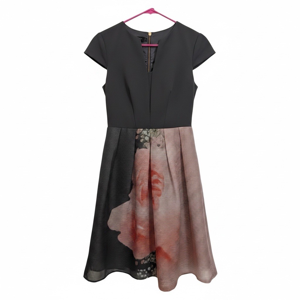 Women’s Black & Rose Floral Organza Fit & Flare Dress – Size 1 (US 2/4)