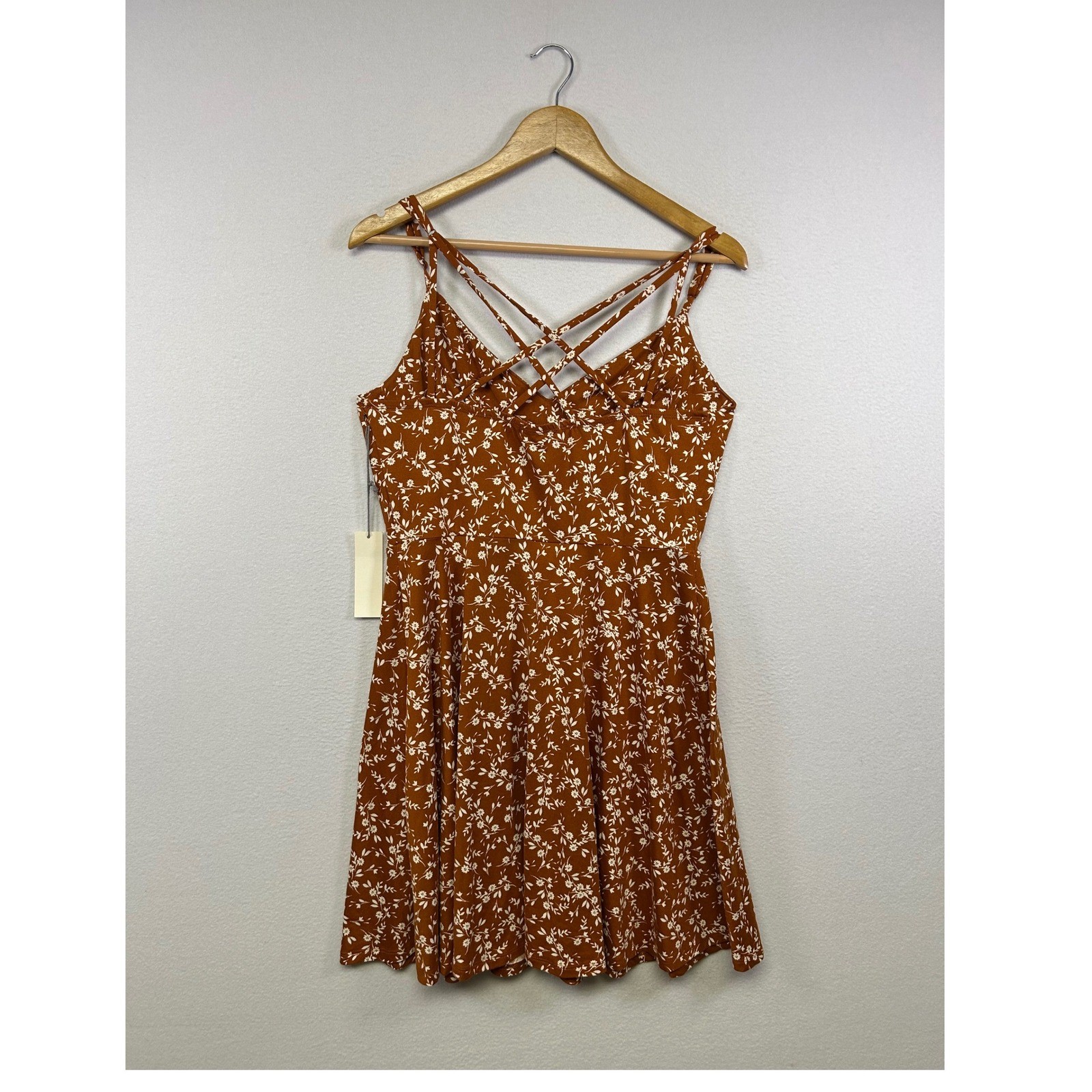 Cottagecore Nine Britton Womens Large Rust Floral Strappy Criss Cross Mini Dress