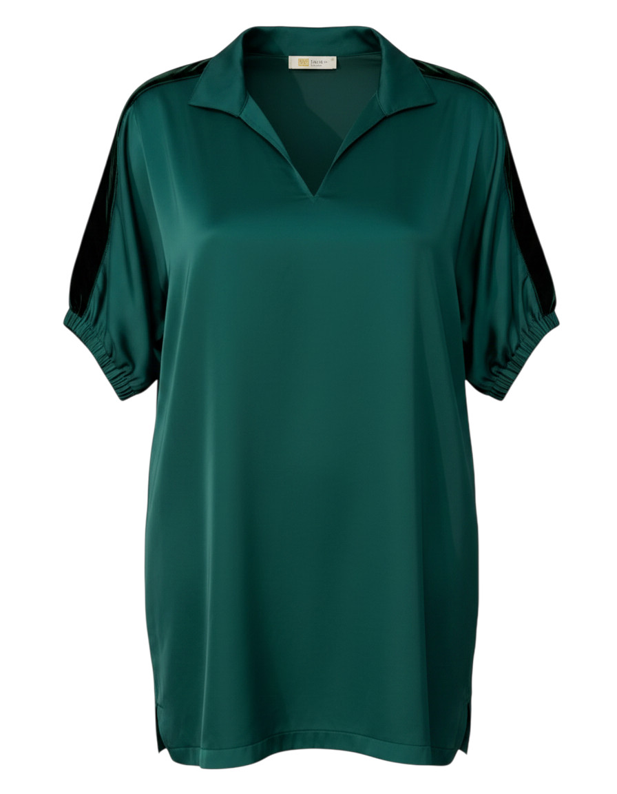 Emily McCarthy Sz L Poppy Mini Shift Dress Dark Green Satin & Velvet Trim V-Neck