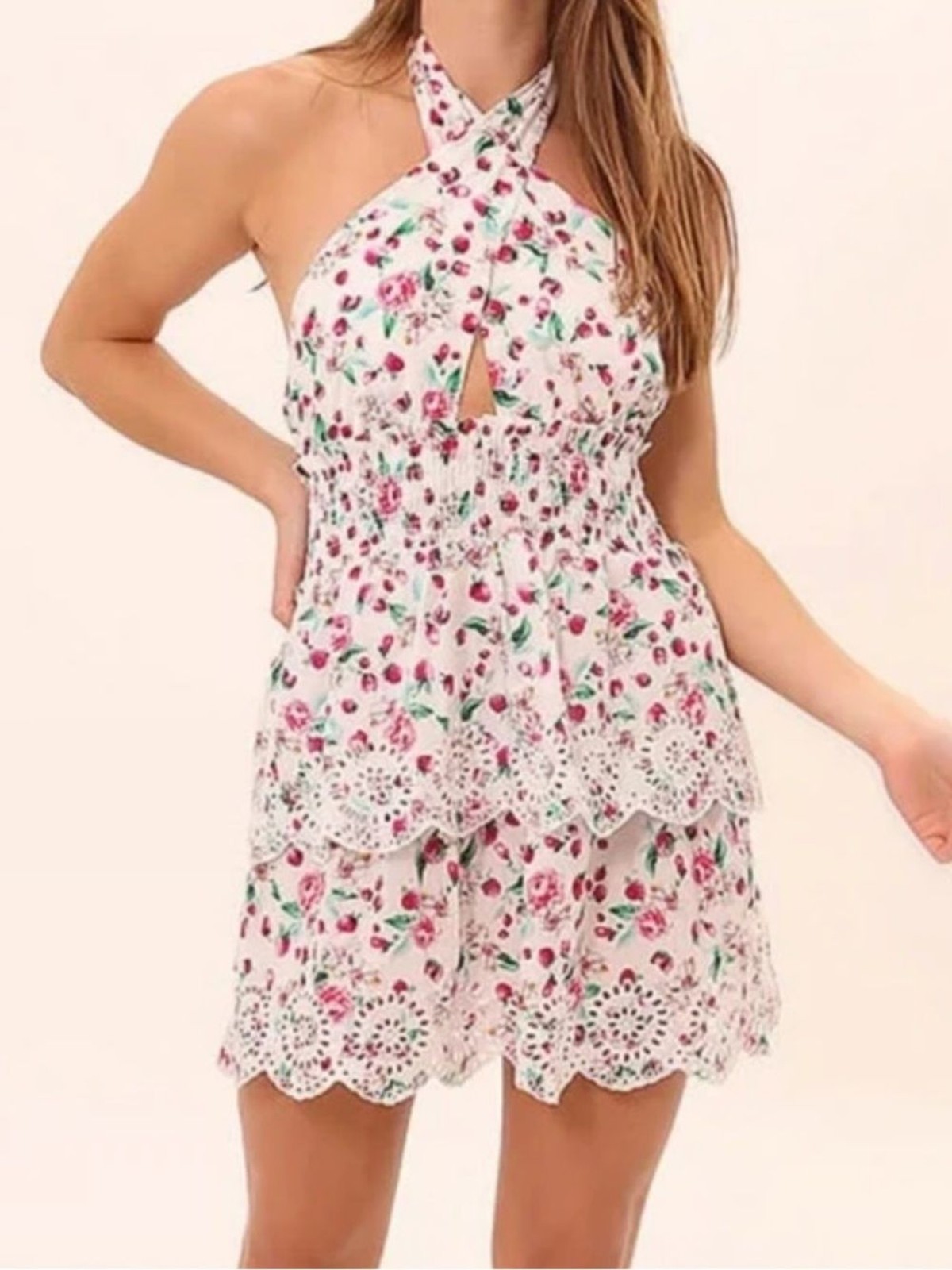BB Dakota Cream Halter Eyelet Tiered Sundress with Pink Floral Print