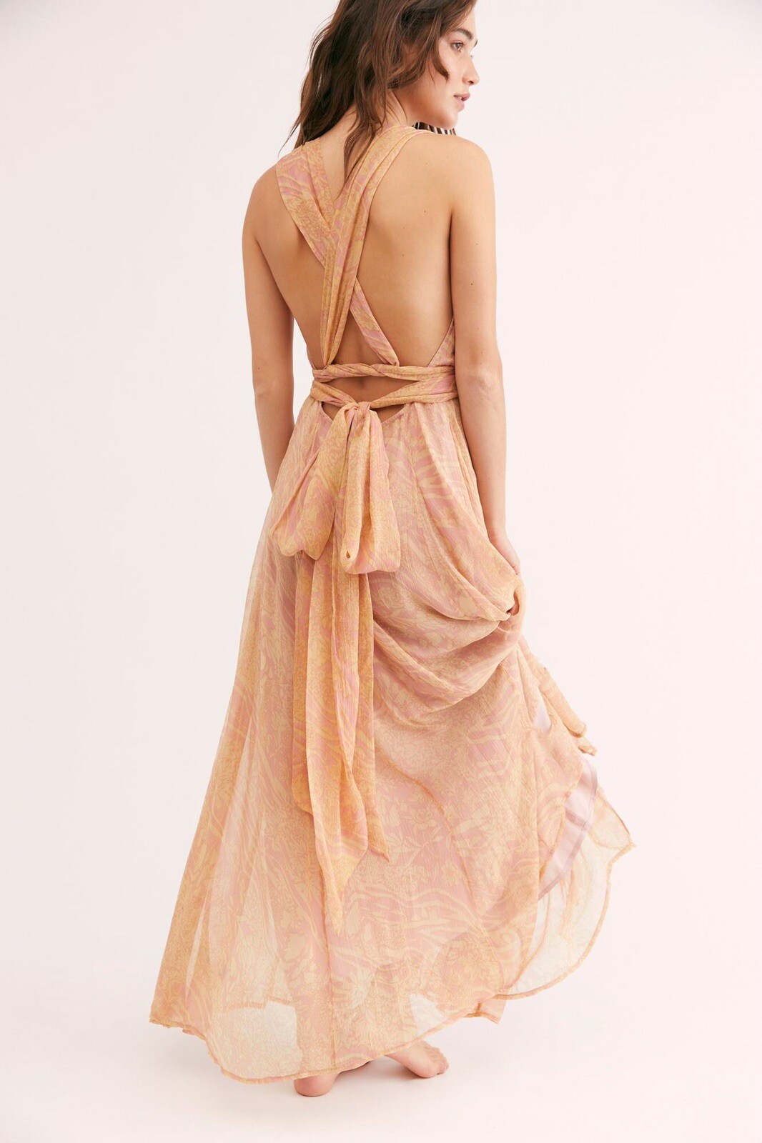 NWT FREE PEOPLE Sz 4 GIORGIA TIE CRINKLY FLOWY MIDI DRESS PETAL COMBO