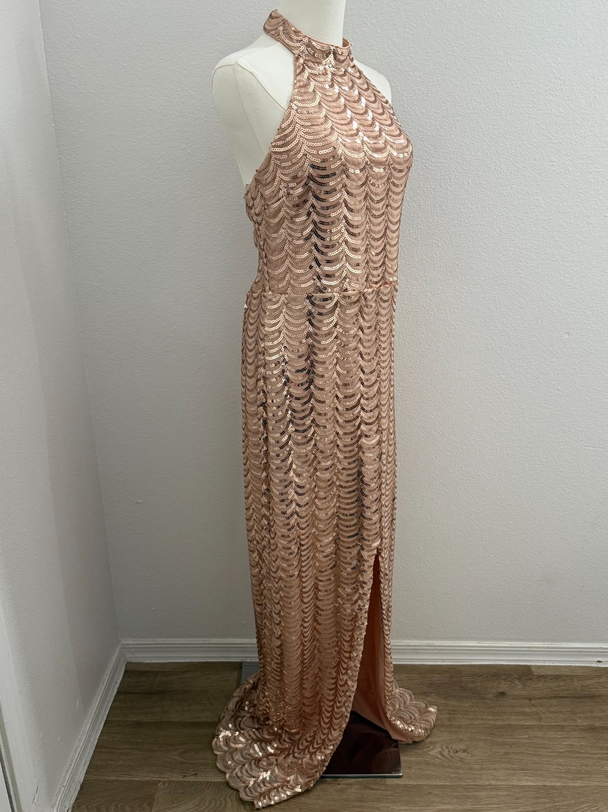 Lulus L Rose Gold Sequin Halter Maxi Dress Slit Formal Party Gala Wedding Guest
