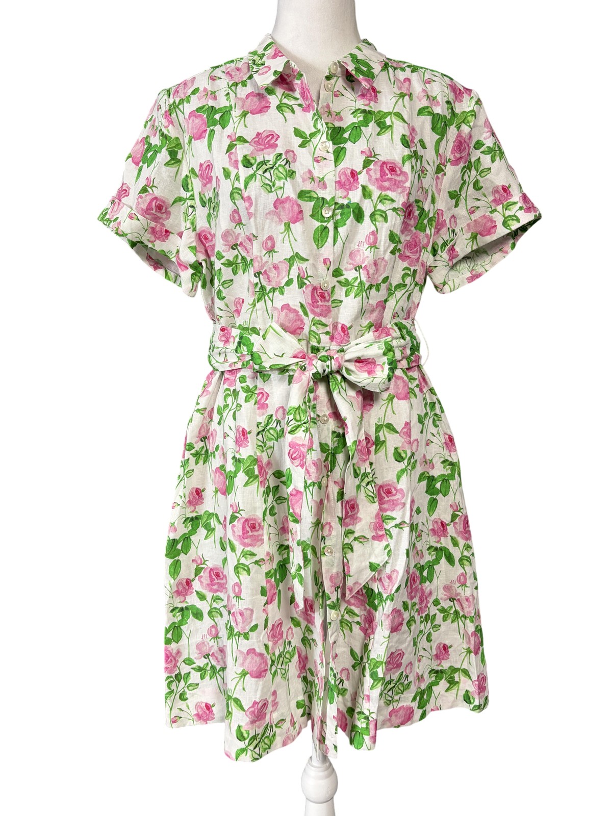 Hill House Laura Dress Womens Medium Pink Roses Linen Collared Belted Pockets