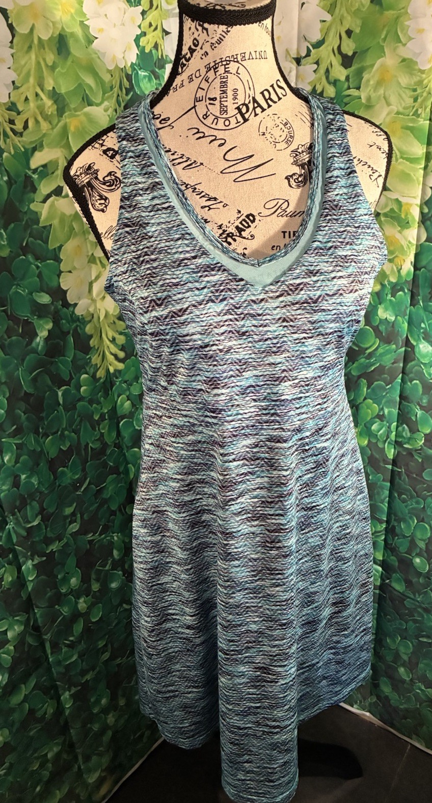 MPG Blue Teal Medium Travel Dress Built In Bra Racerback Pockets Lightweight