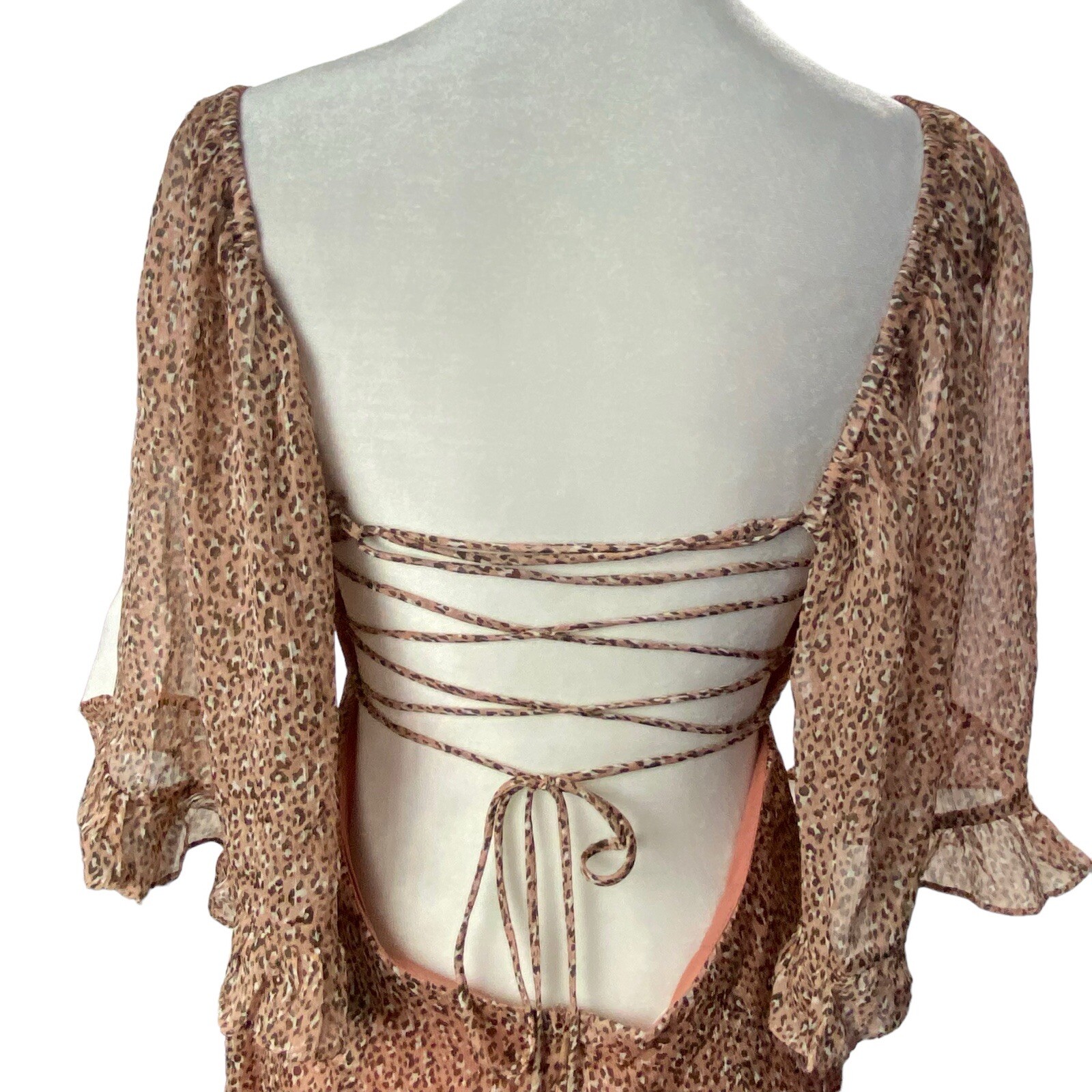 SAINTS SECRETS Women Crisscross Ruffle Open Back Mini Dress Sz L Brown hb-14