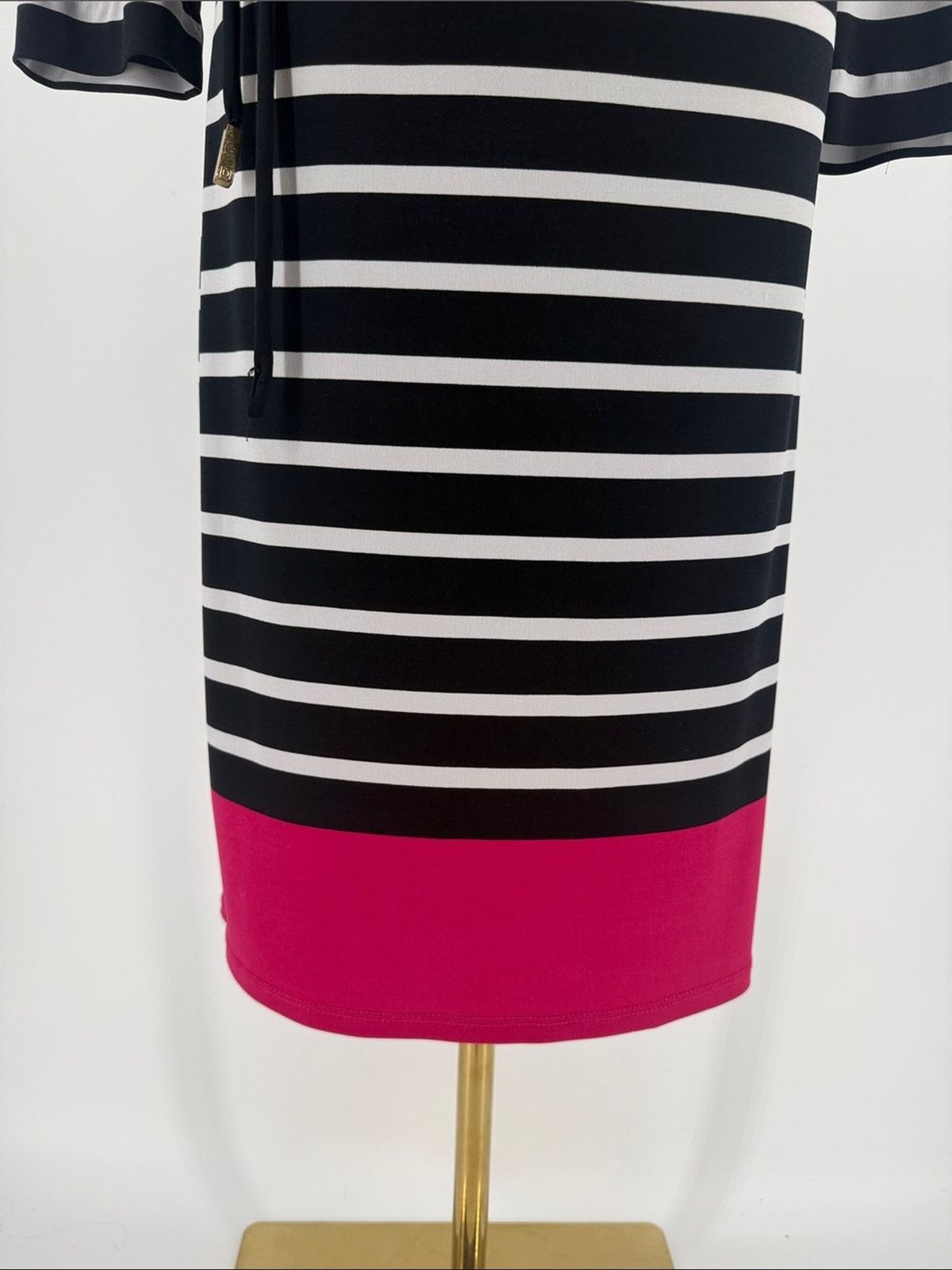 Liz Claiborne Black & White Striped Midi Dress with Pink Hem