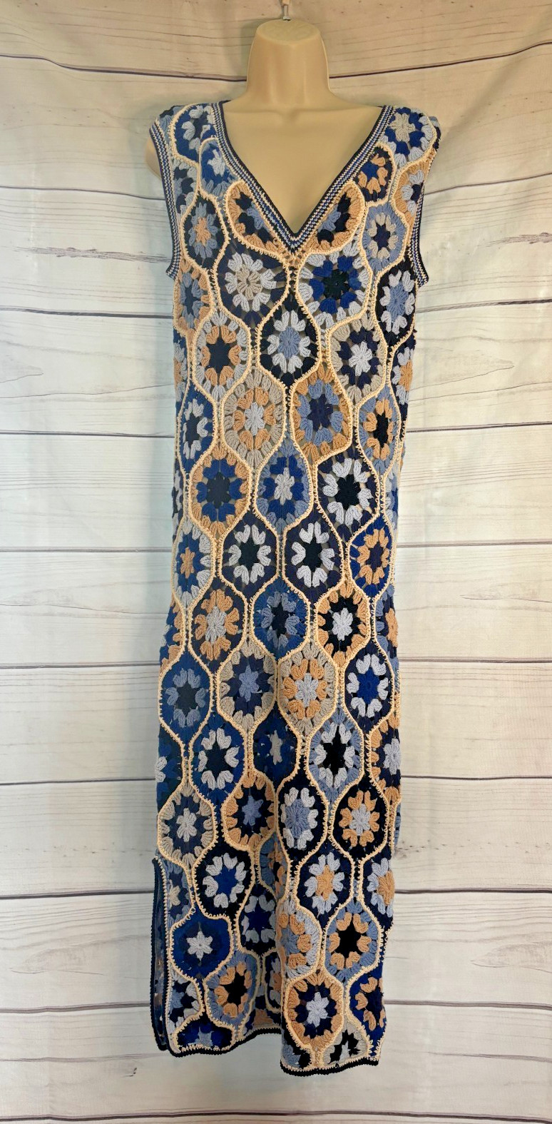 Carolina K LEA Blue Tan Navy Pattern Hand Crochet Maxi Dress Size XS MSRP $1225