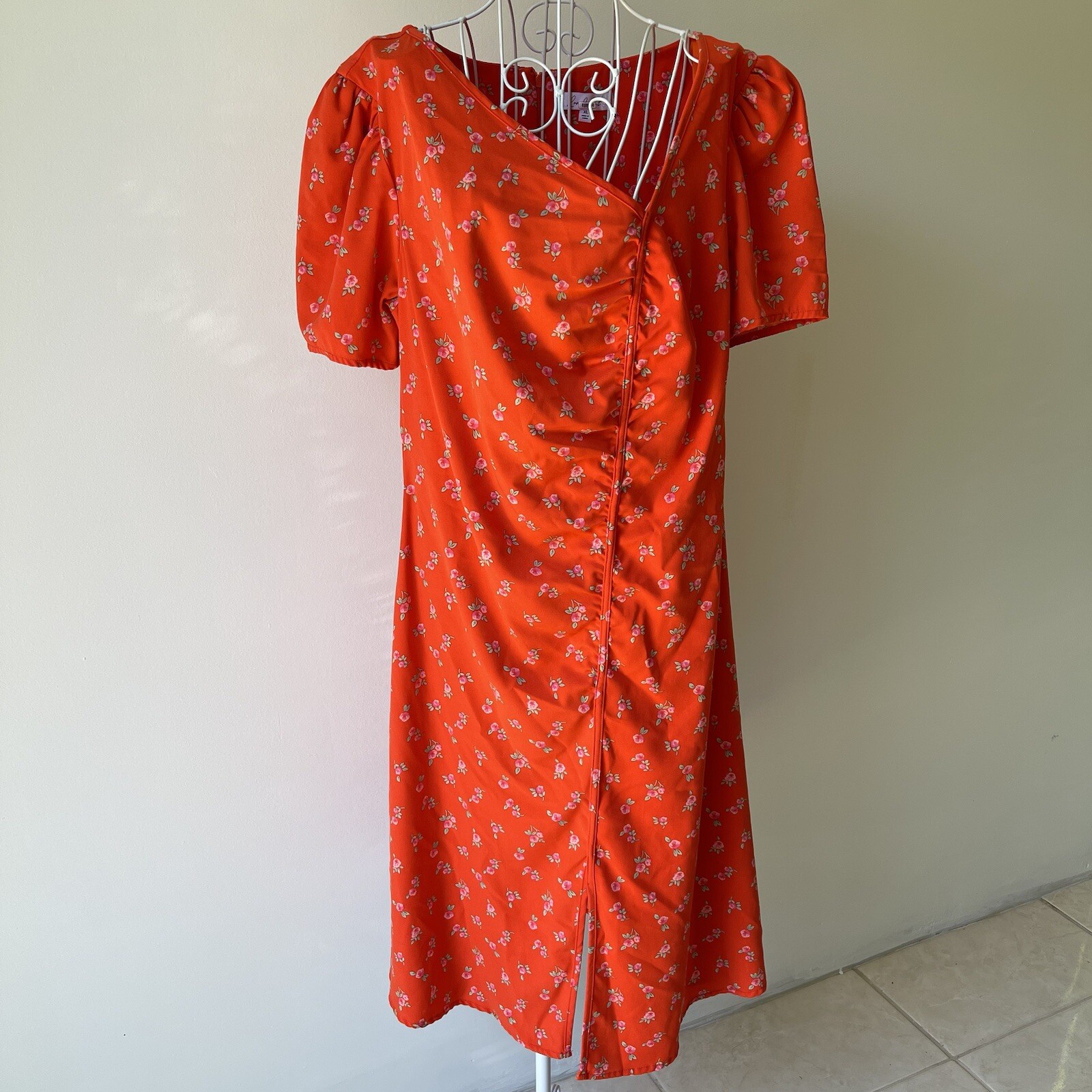 RTR Love Whit by red floral print asymmetrical v neck slit draped mini dress XL