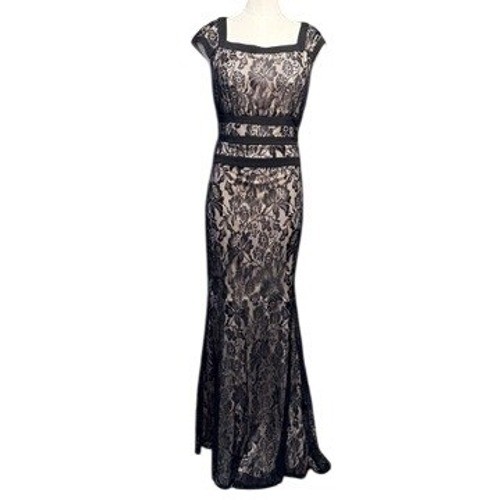 Melrose Lace Maxi Dress Womens 8 Black Tan Square Neck Cap Sleeve Formal Gown