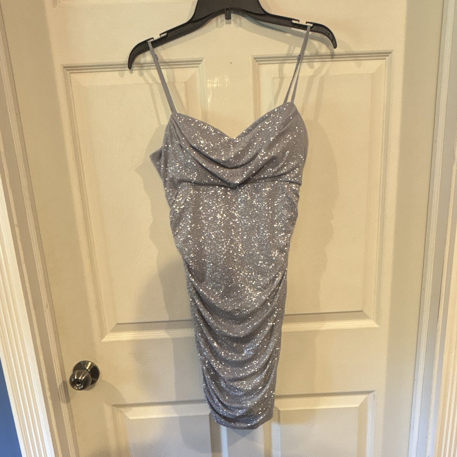 Emerald Sundae Silver Glitter Ruched Cowl Neck Strappy Bodycon Mini Dress M