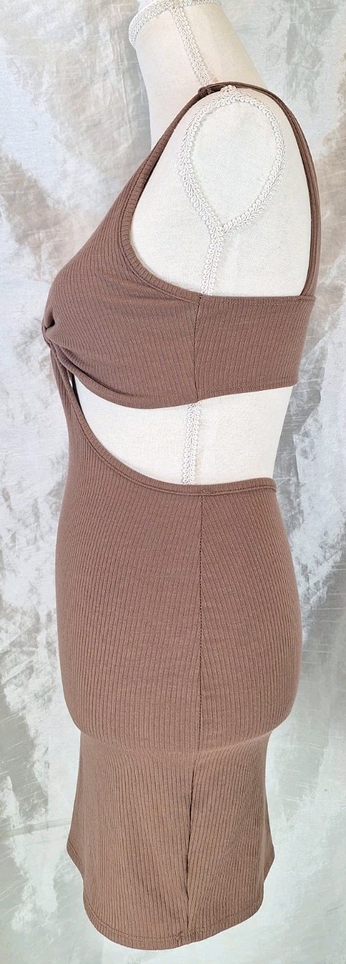 CHOCOLATE USA SzM Plunging Neck Twist Cut-out Ribknit Bodycon Mini Dress Mocha