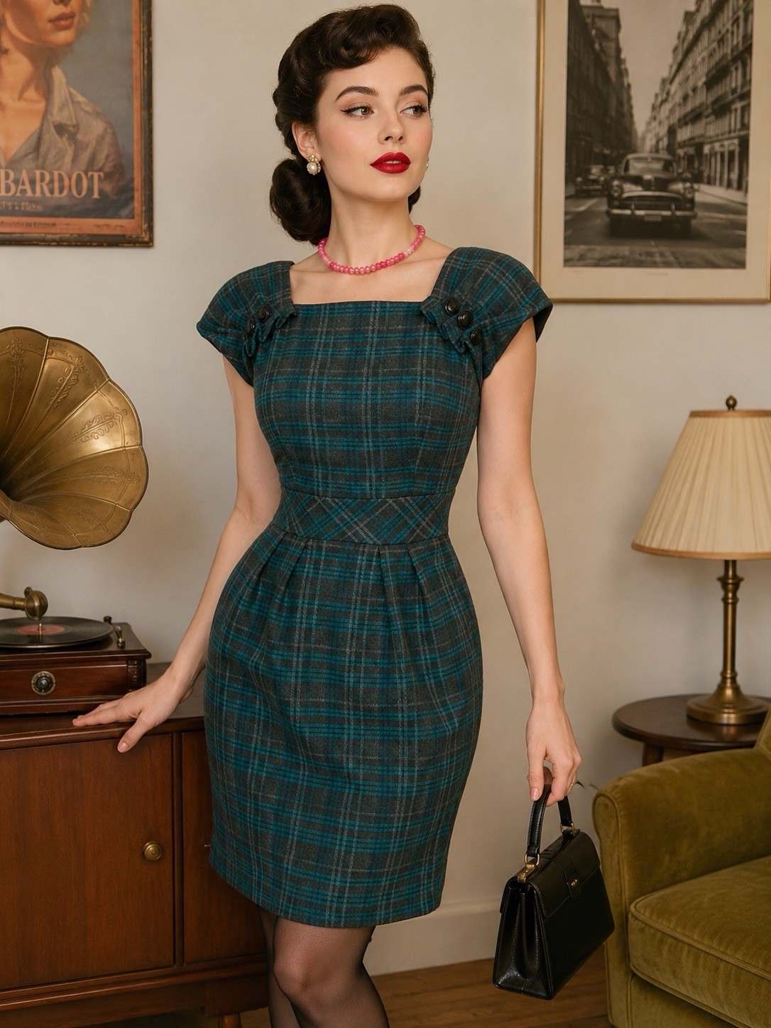 Nanette Lepore Teal/Gray Plaid Tweed Sheath Square Neck Cap Sleeve Dress 4