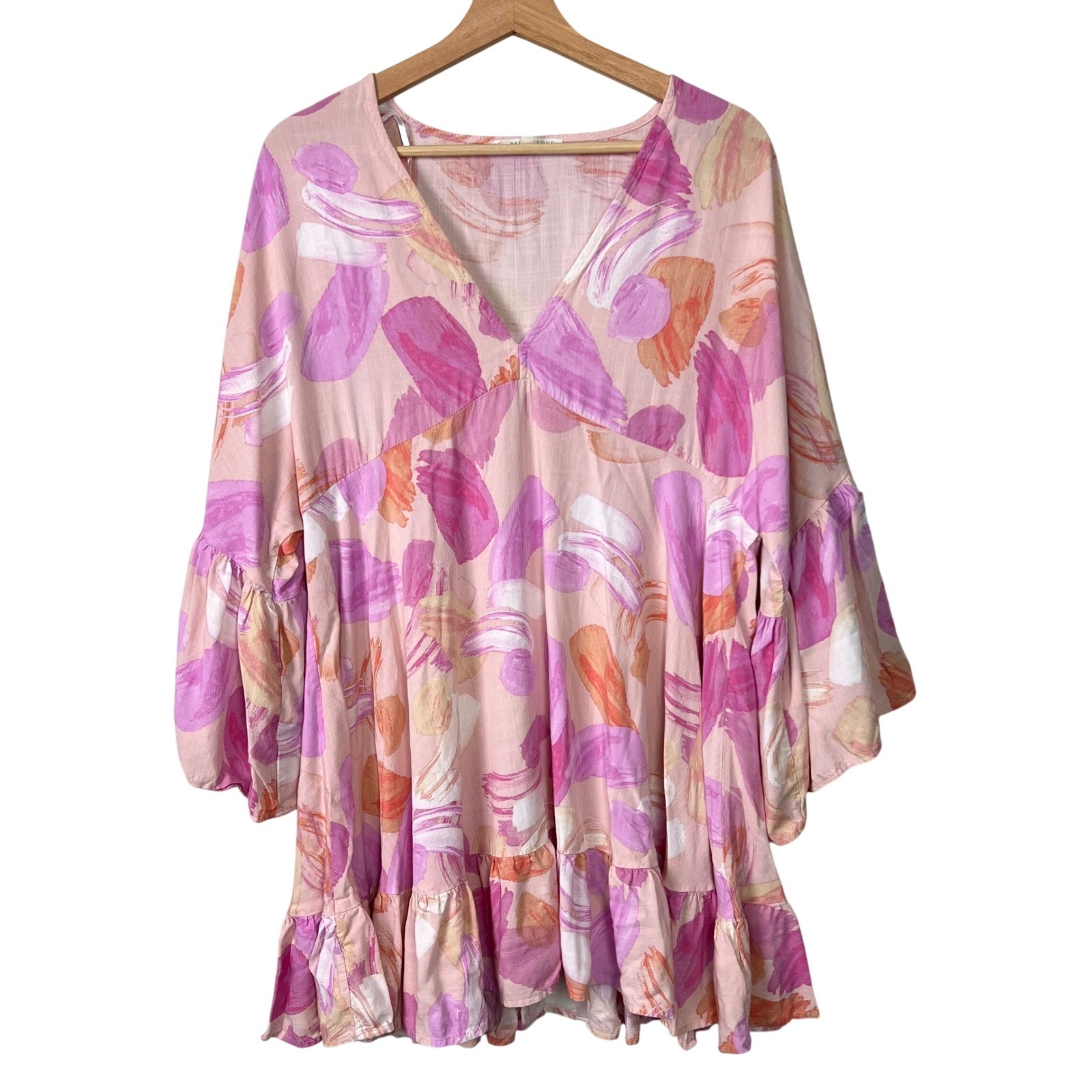 Label of Love Pink Abstract Brushstroke V-Neck Bell Sleeve Mini Dress Large