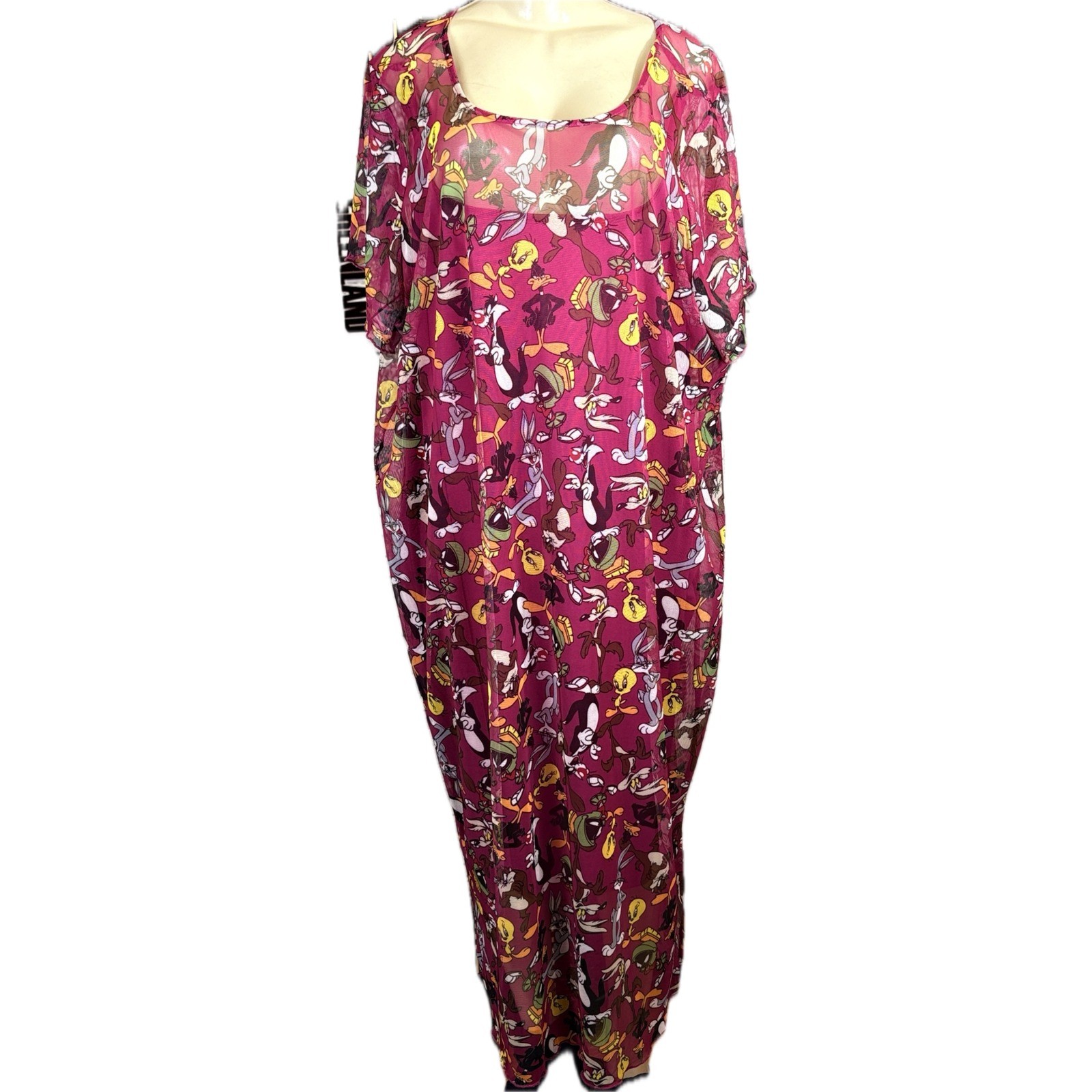 Looney Tunes Character Print Mesh Lined Midi T-Shirt Style Dress Magenta XL-1