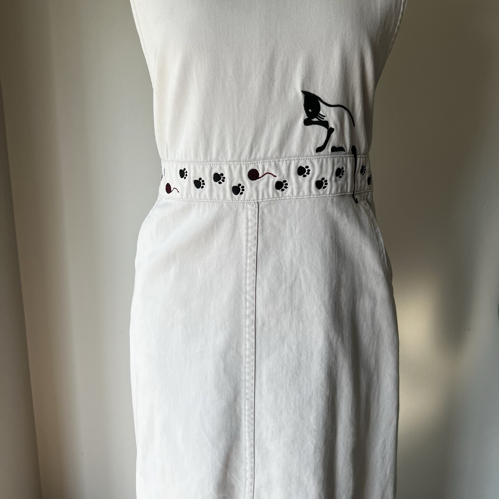 Black Cat Embroidered Cream Pullover Dress Cat Buttons Pockets One Of A Kind