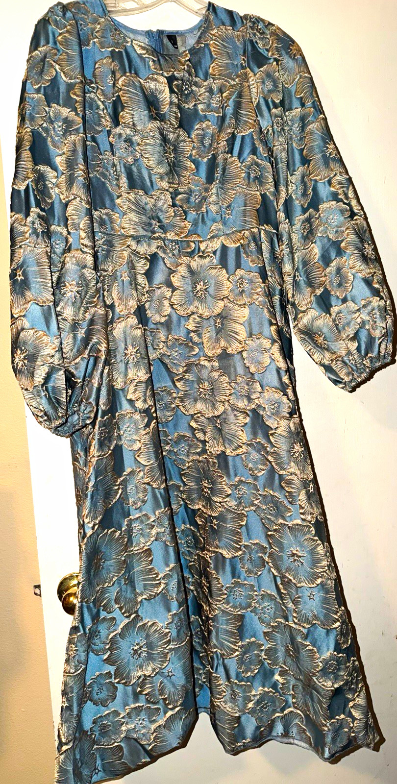 Unknown Factory Blue/Gold Floral Jacquard Midi Dress Smocked Waist V-Neck L