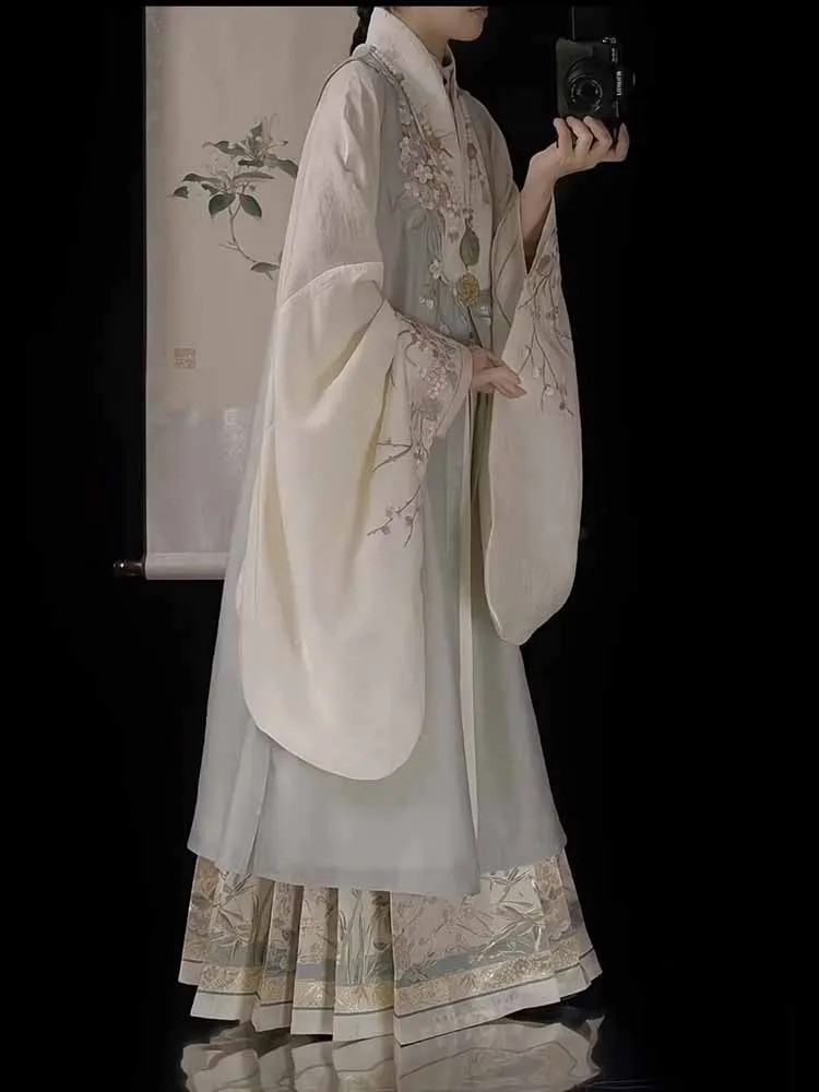 Face Skirt 3pcs Suits Hanfu Chinese Embroidered Green Long Coat Plus Size