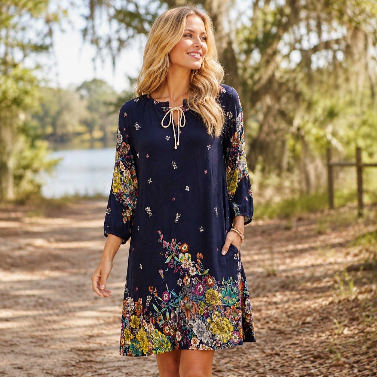 Aranee Women Navy Blue Floral Border Print Rayon Shift Dress XL Tie Neck