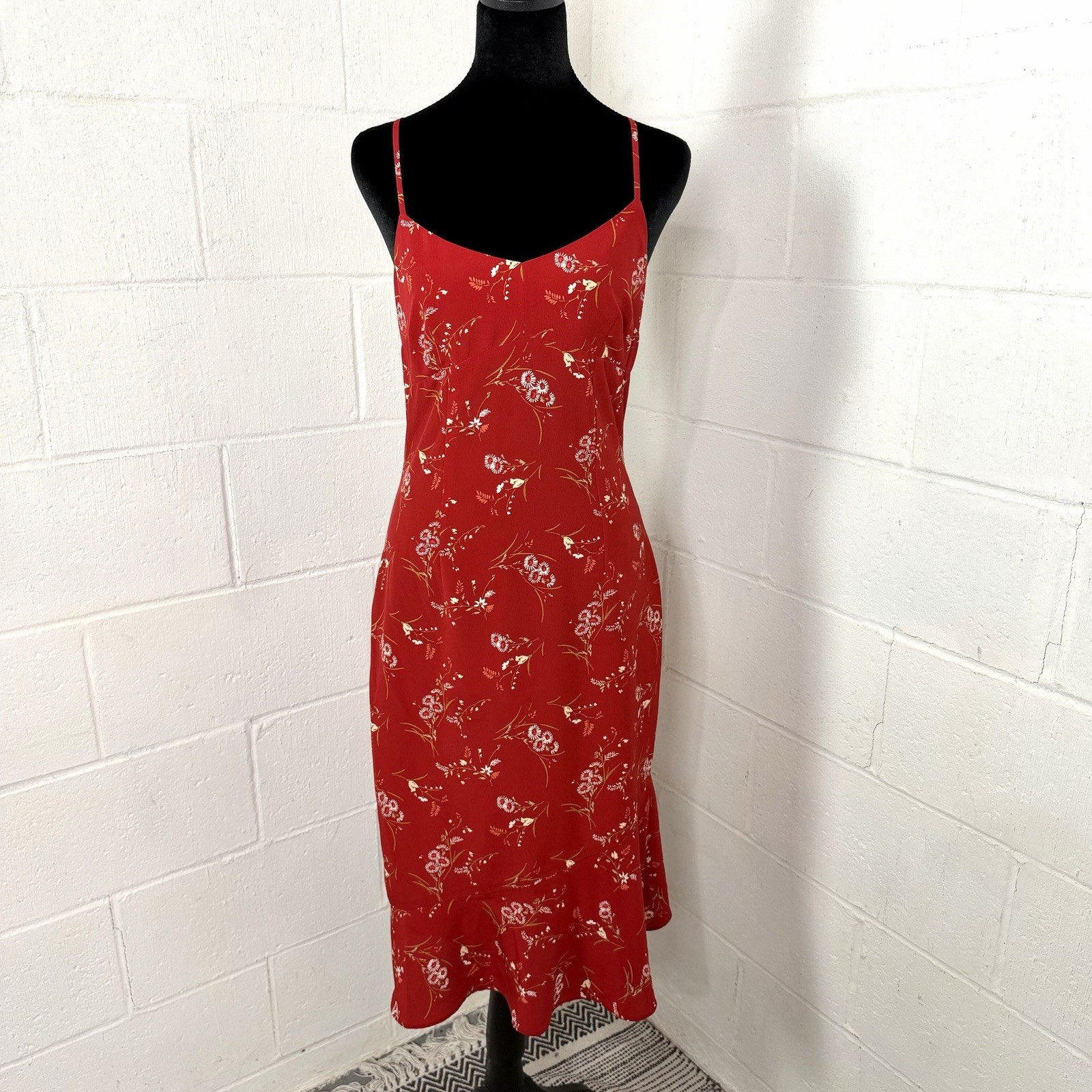 Vintage Express Babydoll Midi Cami Dress SZ 3/4 Red Floral Bias Cut Y2K Wedding
