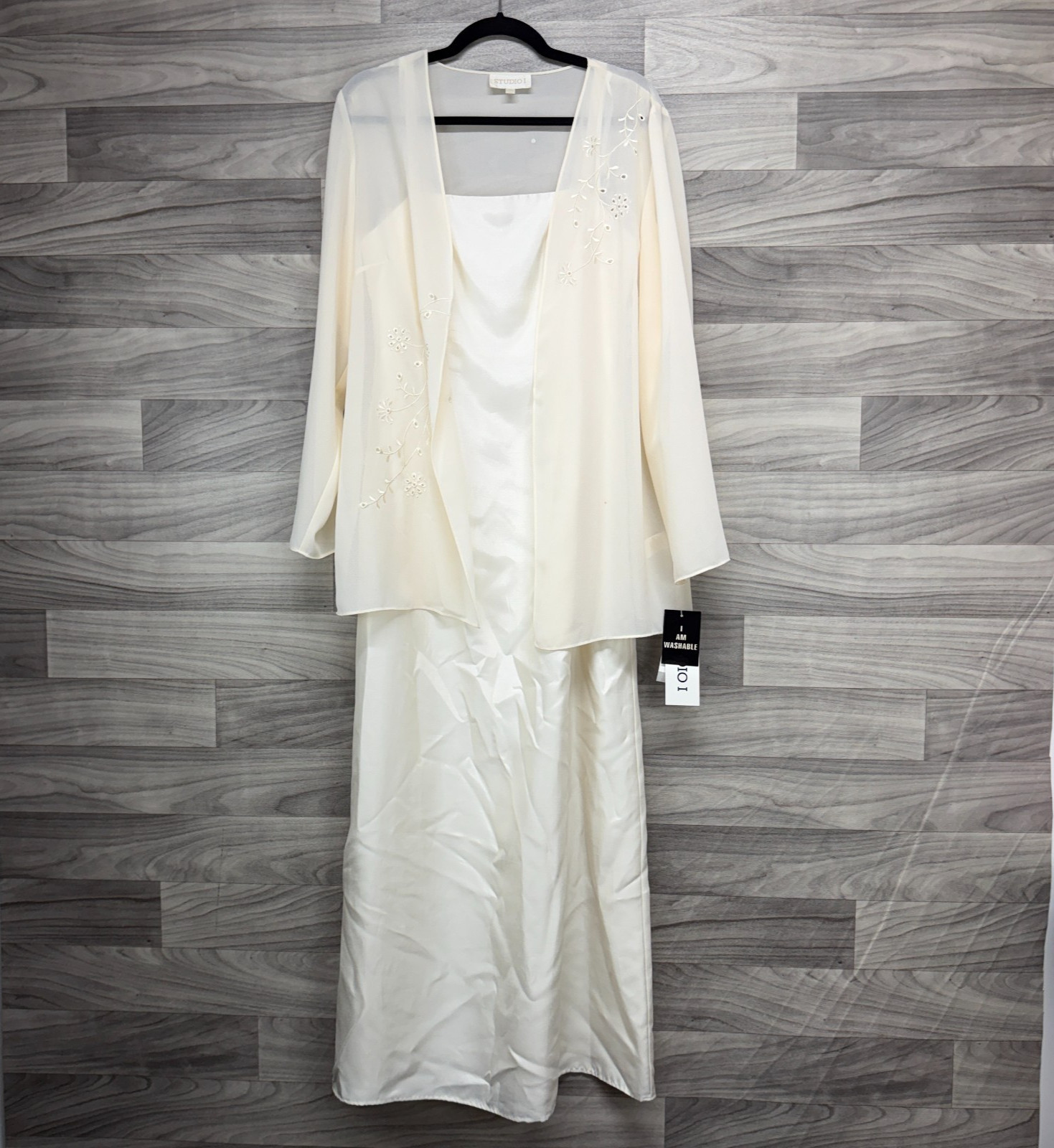 Studio I Jacket Dress Women’s 10/12 Ivory Satin Sheer Wedding Evening *READ*
