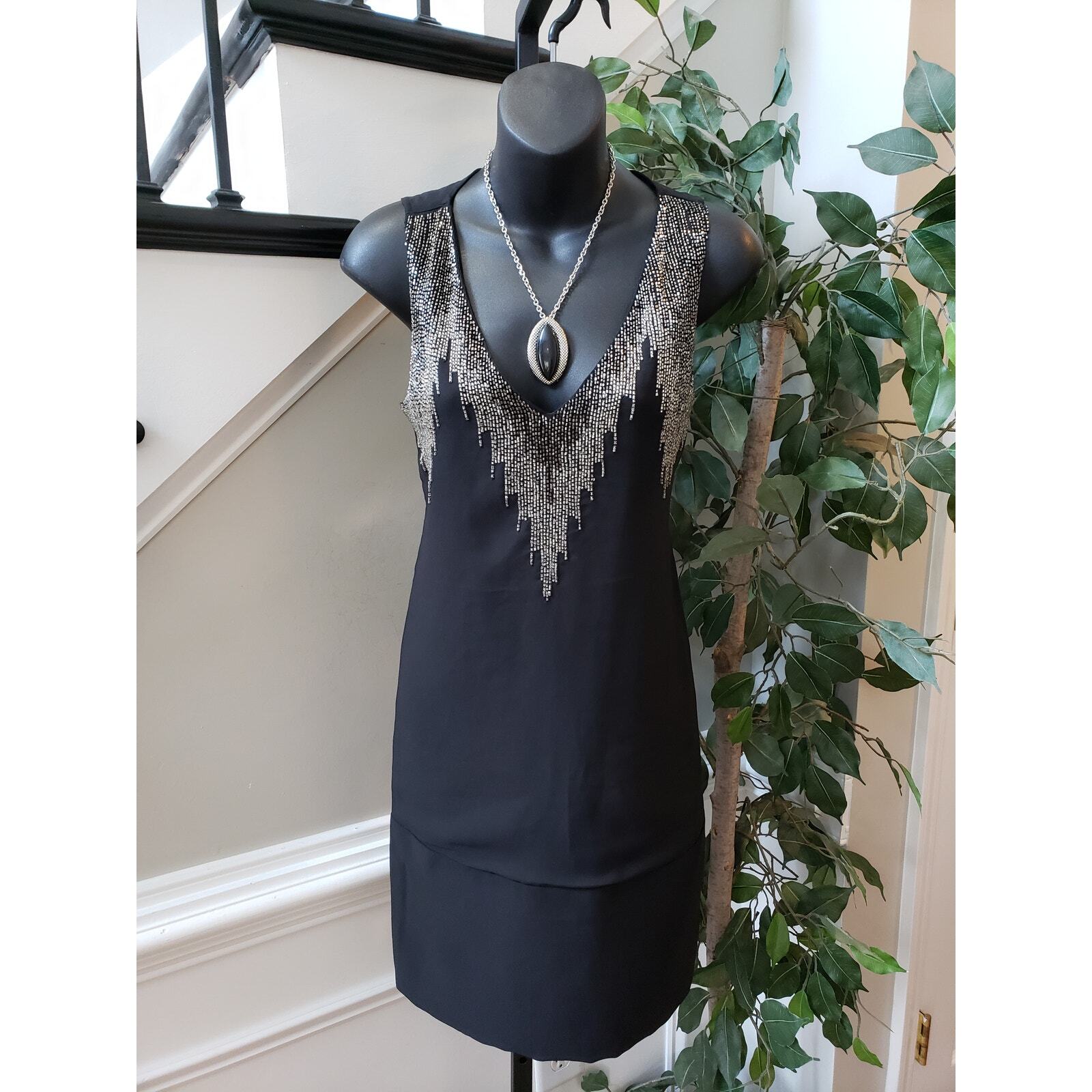 H&M Shift Dress Women Size 4 Black Casual Sleeveless Beaded Deep V Neck Pullover