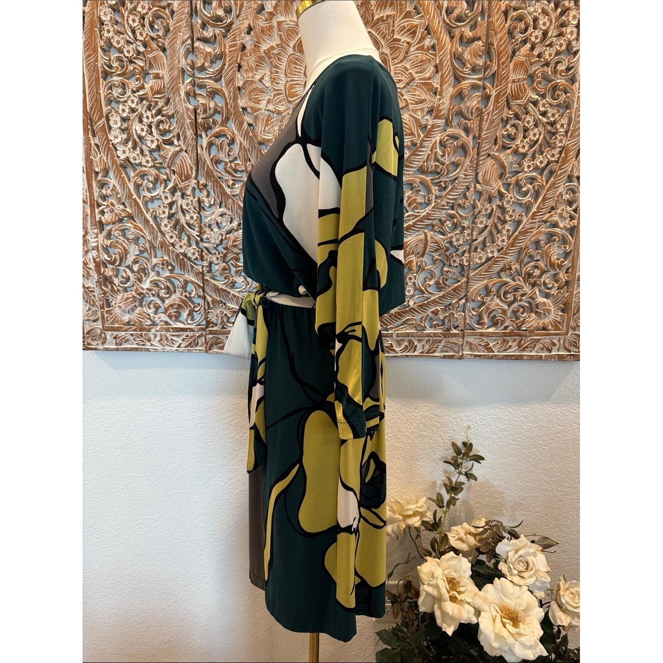 Max & Cleo Jersey Stretch Midi Dress Abstract Green Floral- size S