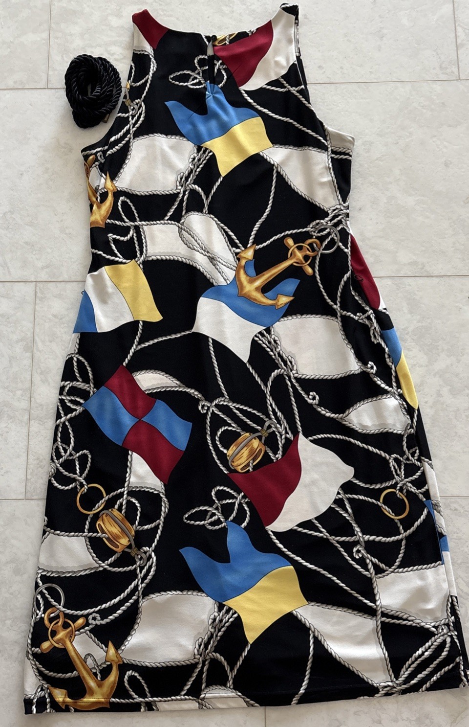 Ralph Lauren Nautical Chain Anchor Sheath Black Dress Rope Belt Size Medium