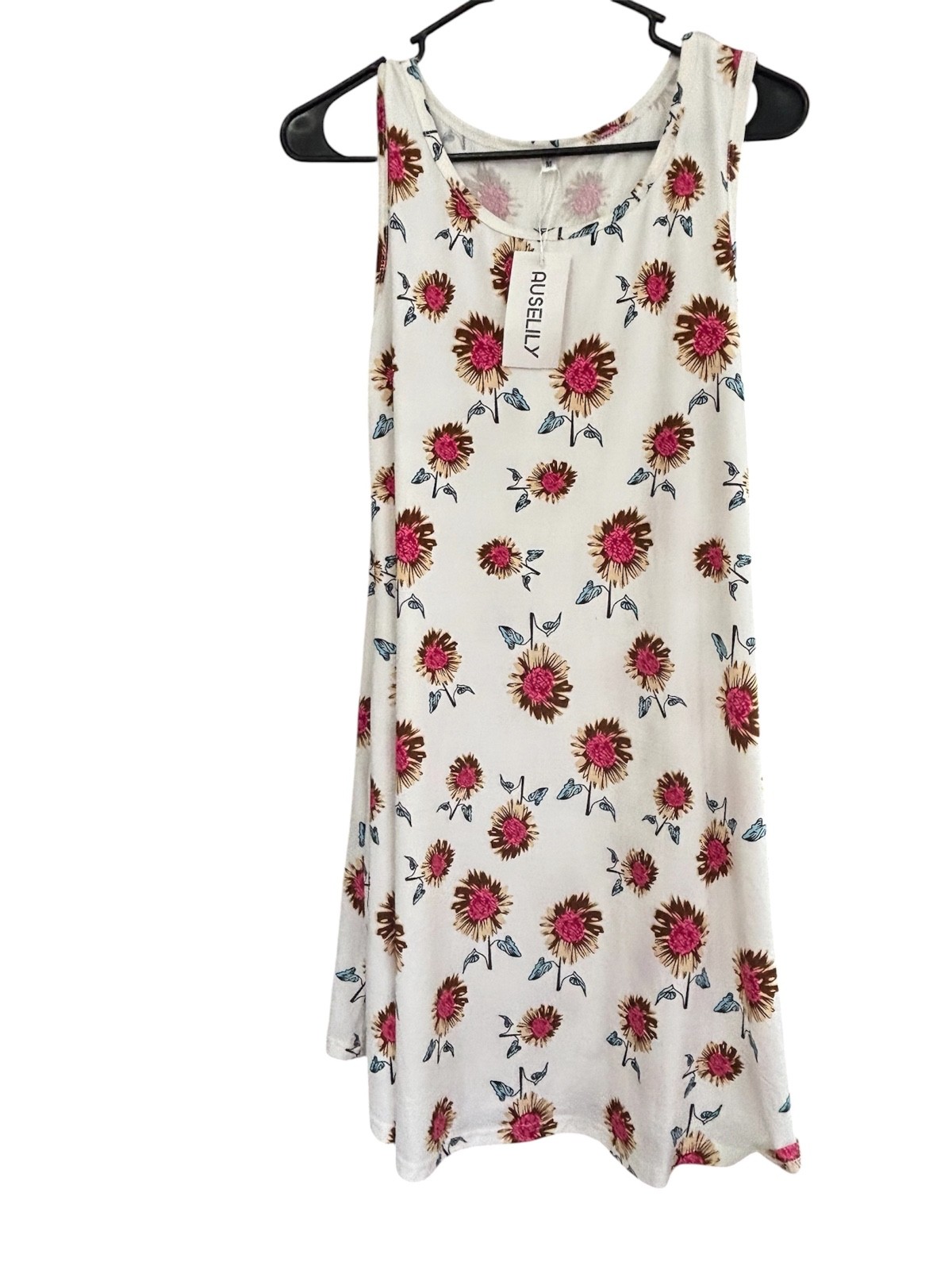 AUSELILY NWT Medium Floral Sleeveless Swing Dress Boho Casual Soft Stretch