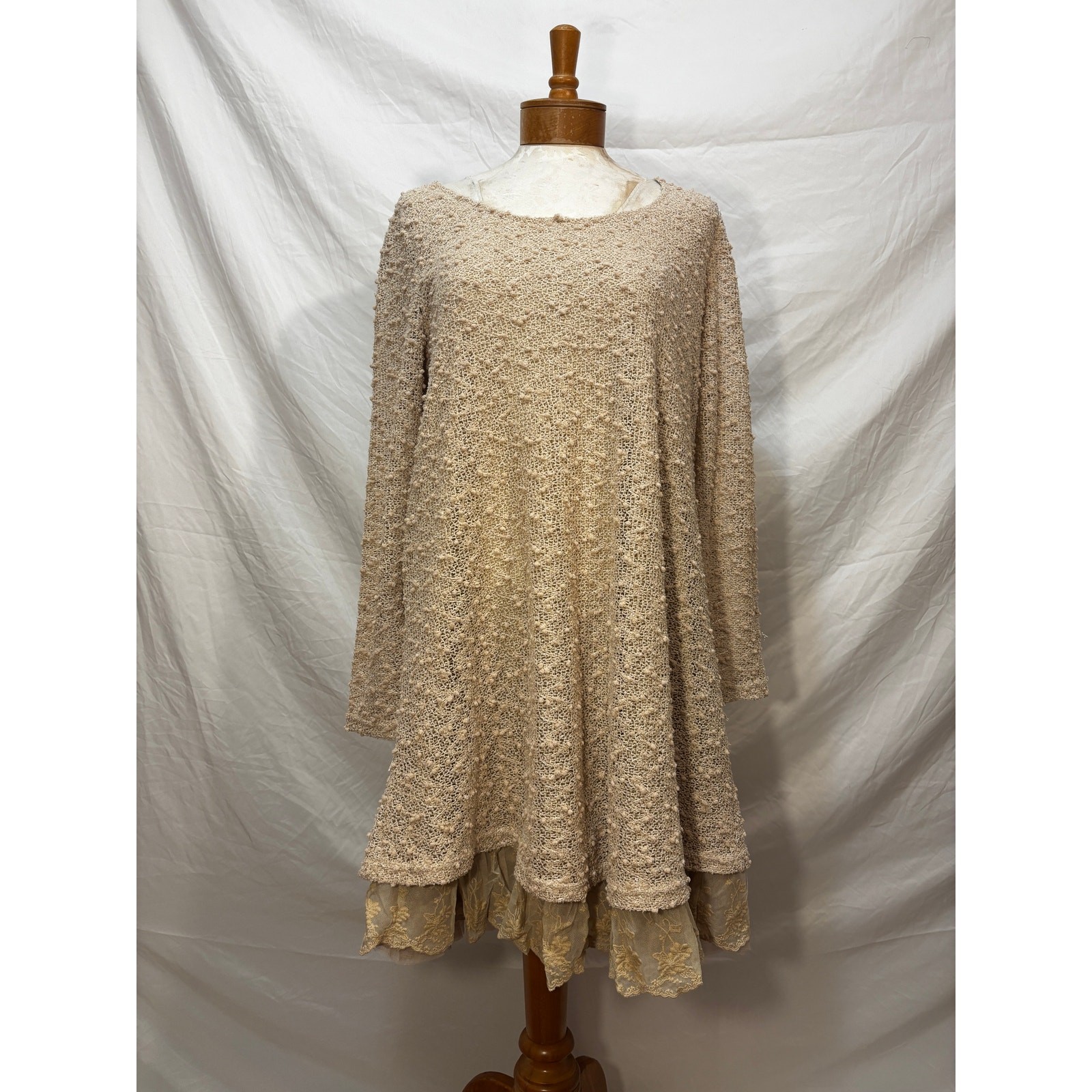 Altar’d State Layered Textured Ivory Beige Long Sleeve Knit Dress (Large)