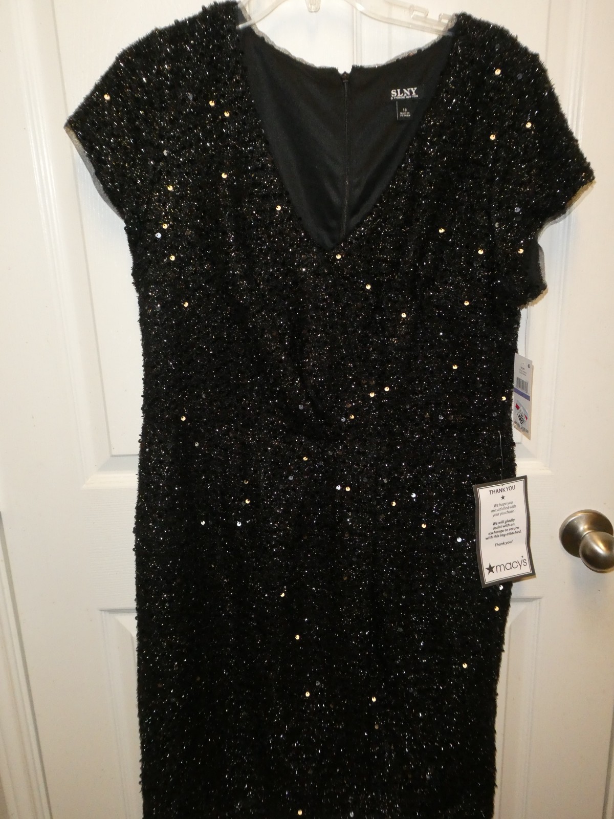 NWT SLNY Woman’s Black Sequined Short Sleeve Back Zip Party Cocktail Dress 18