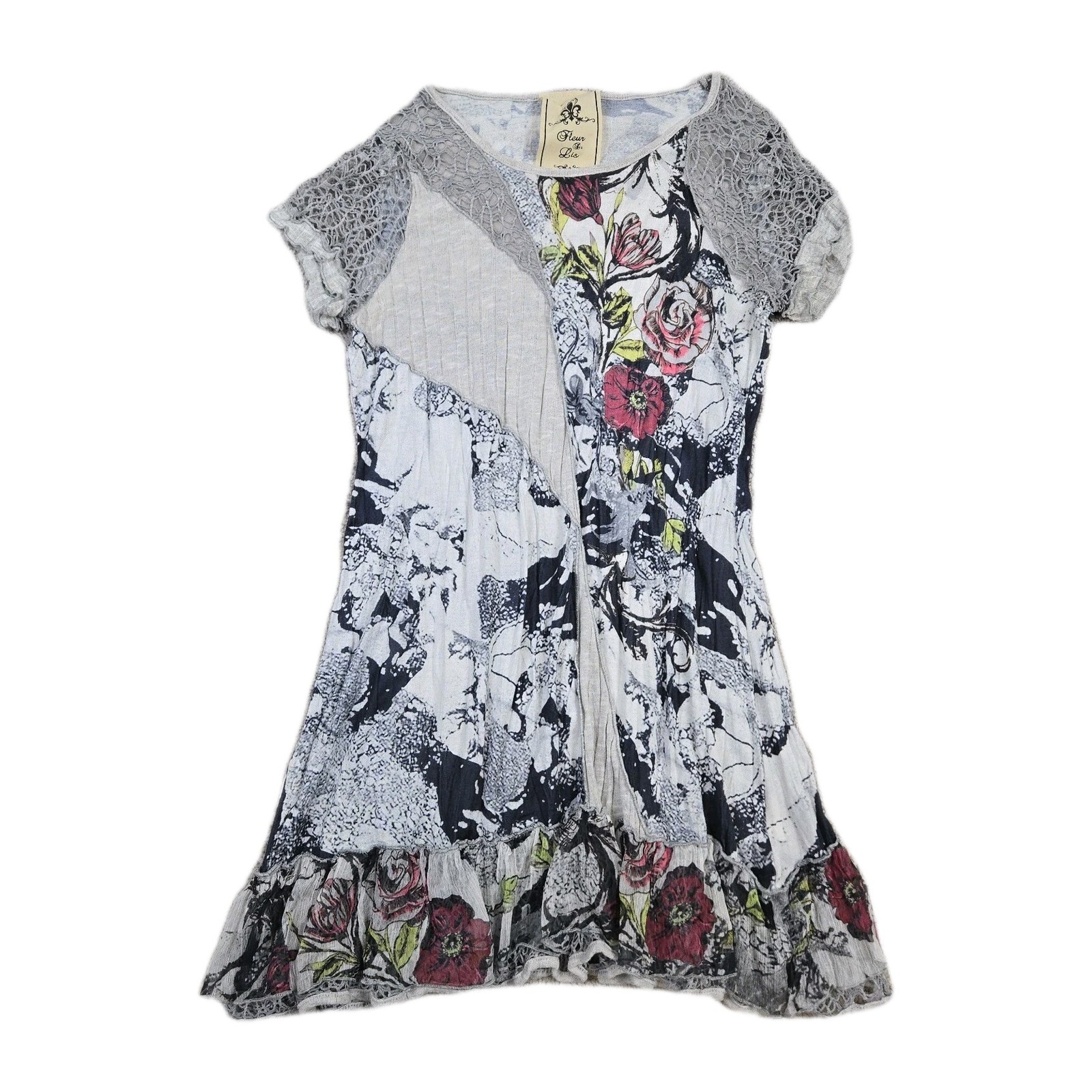 Fleur De Lis Mixed Floral Abstract Mini Dress Lace Mesh Tunic Top Artsy Boho L