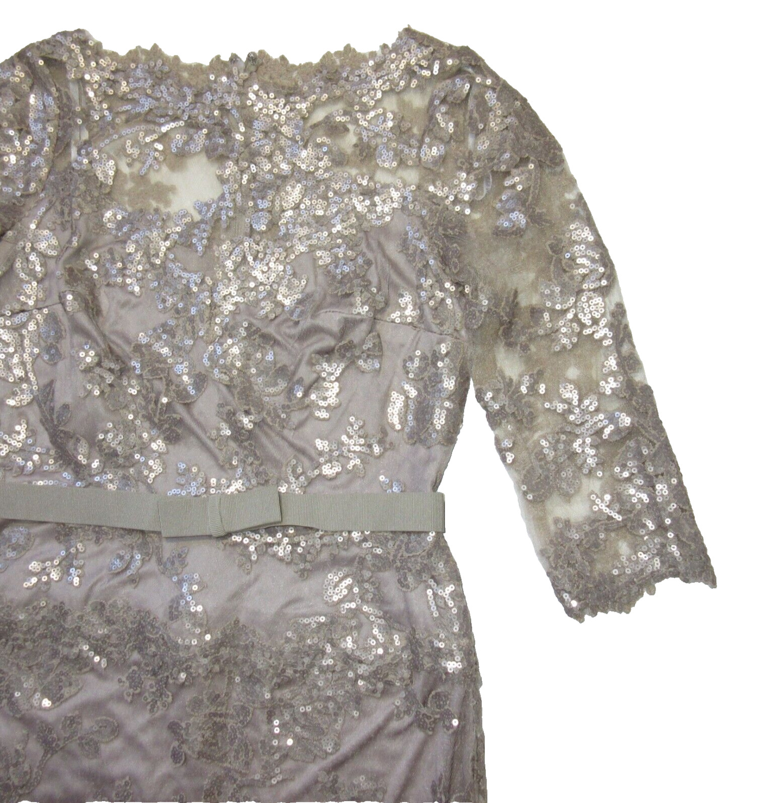 NWT TADASHI SHOJI Paillette Embroidered Tulle Sheath in Sand Belted Dress 6