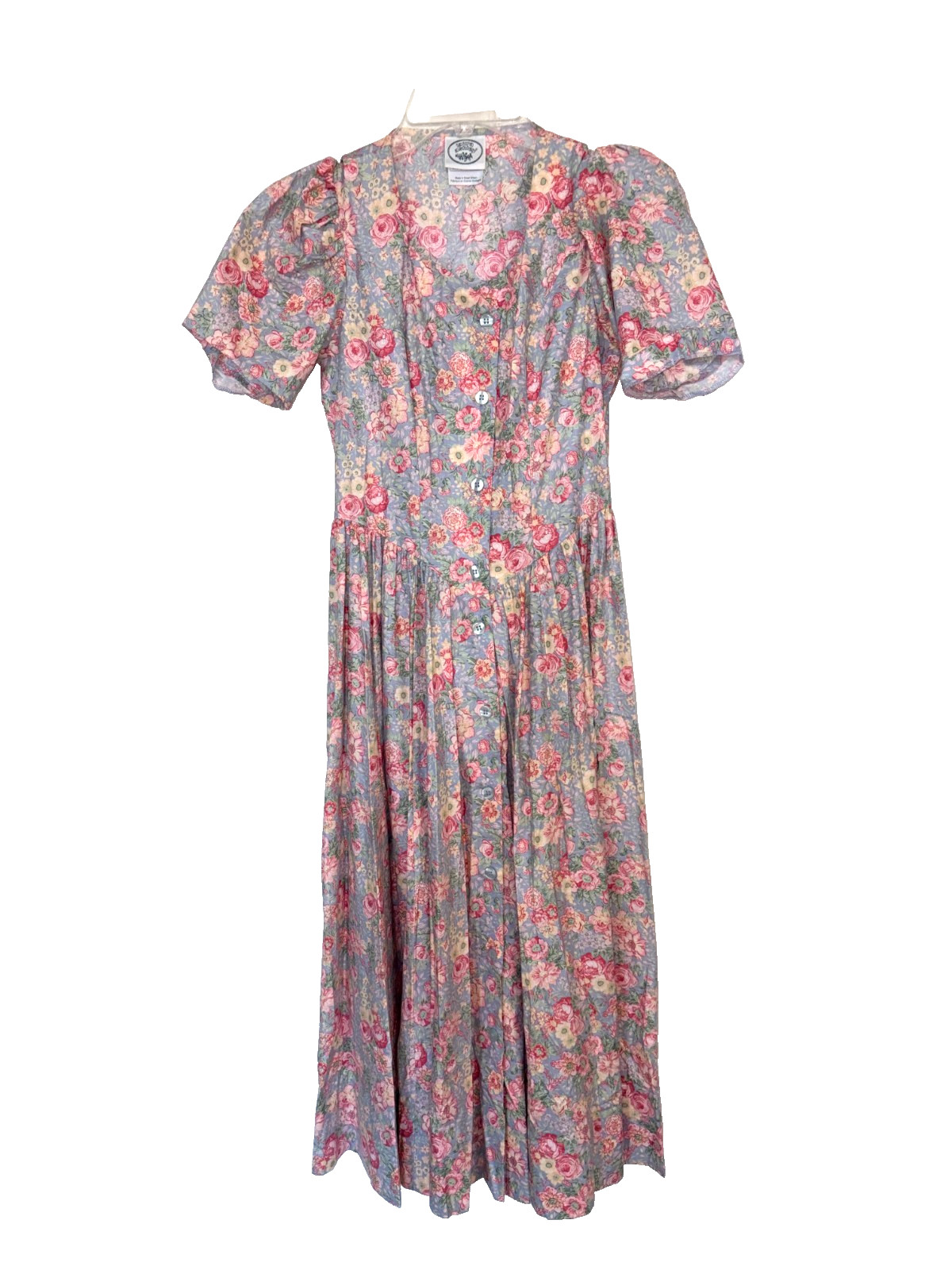 Laura Ashley Floral Cotton Dress Blue Pink Roses Puffed Sleeves UK 8 US 4 XS