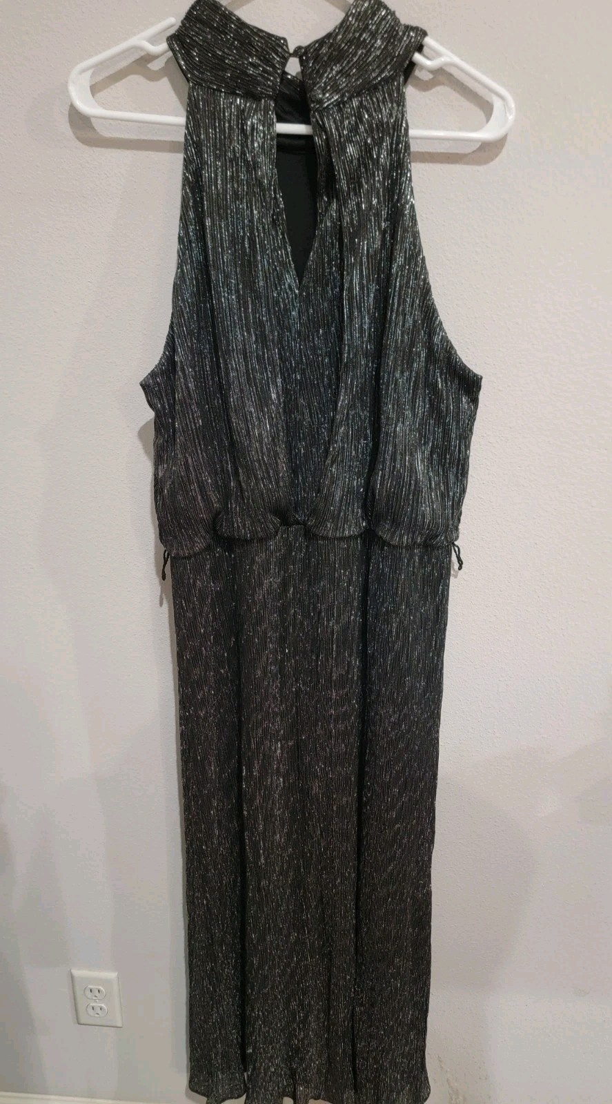 Glamour Black Silver Metallic Halter Maxi Dress 18W Plus NWT Plisse Pleat Party