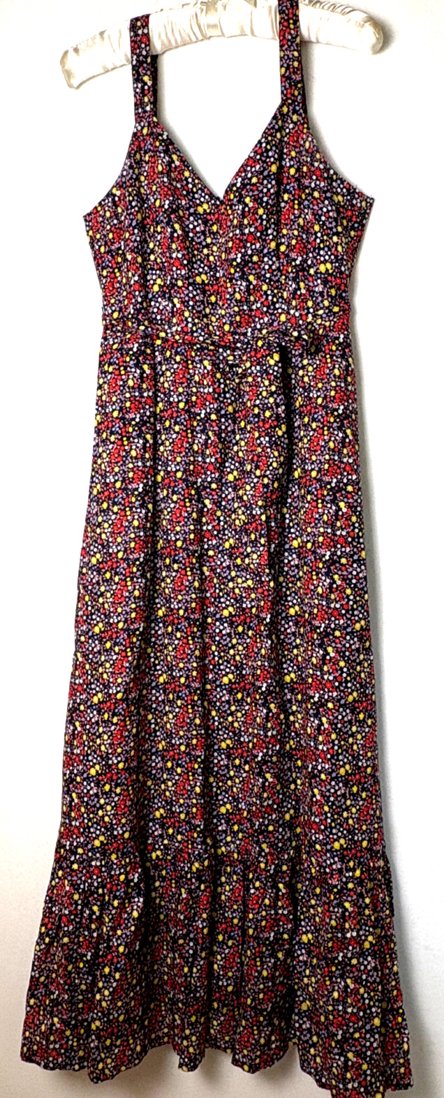 J Crew Maxi Sun Dress 2 Babydoll Belt Linen Blend Navy Floral Ruffle d Hem Lined