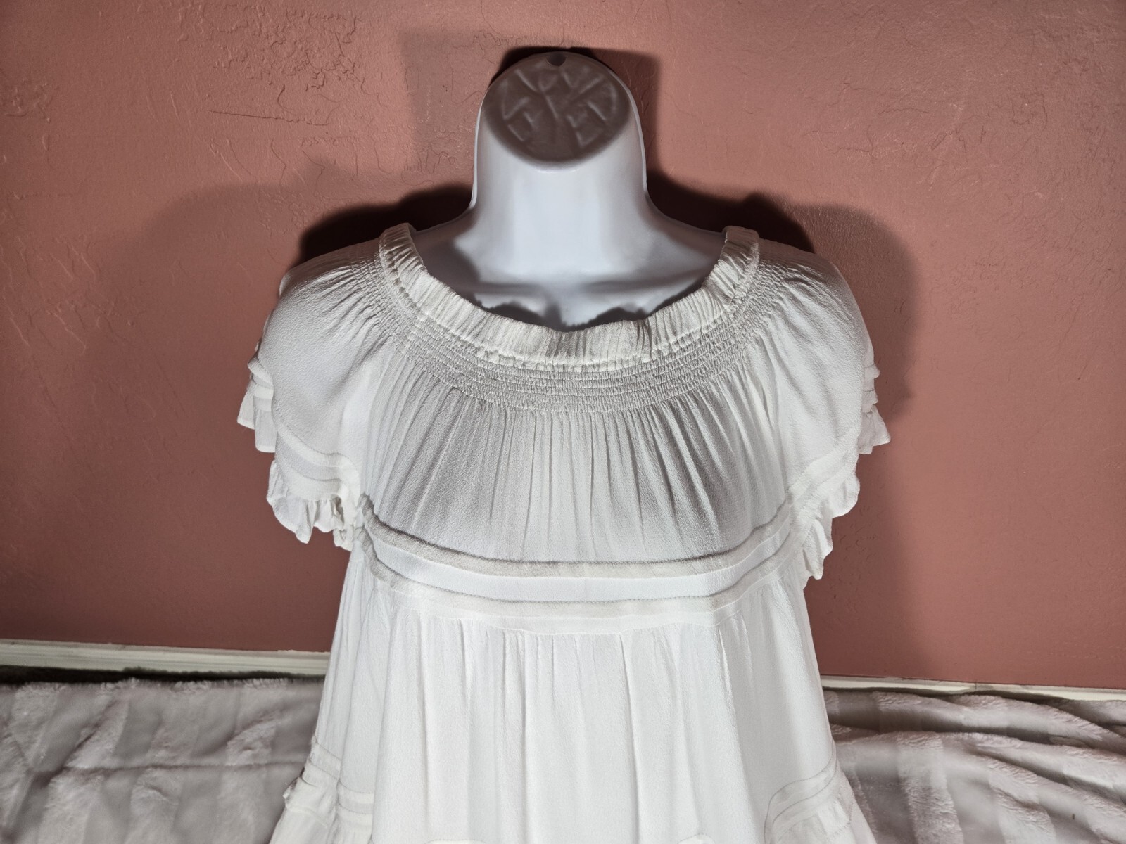 Vintage Havana White Off The Shoulder Tiered Crochet Fringe Hem Dress Size S