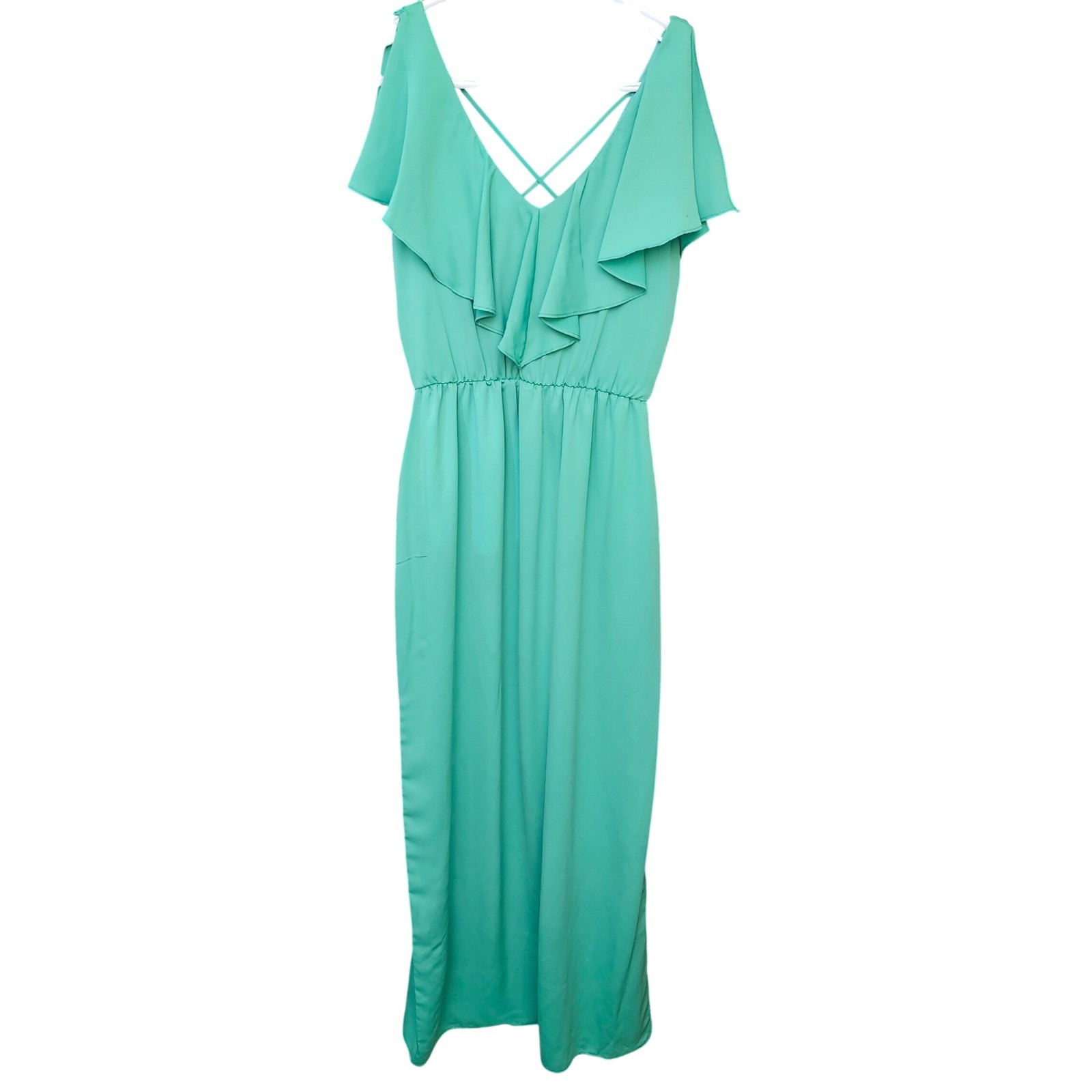 Everly Teal Ruffled V-Neck Maxi Dress Crisscross Back Romantic Summer Small