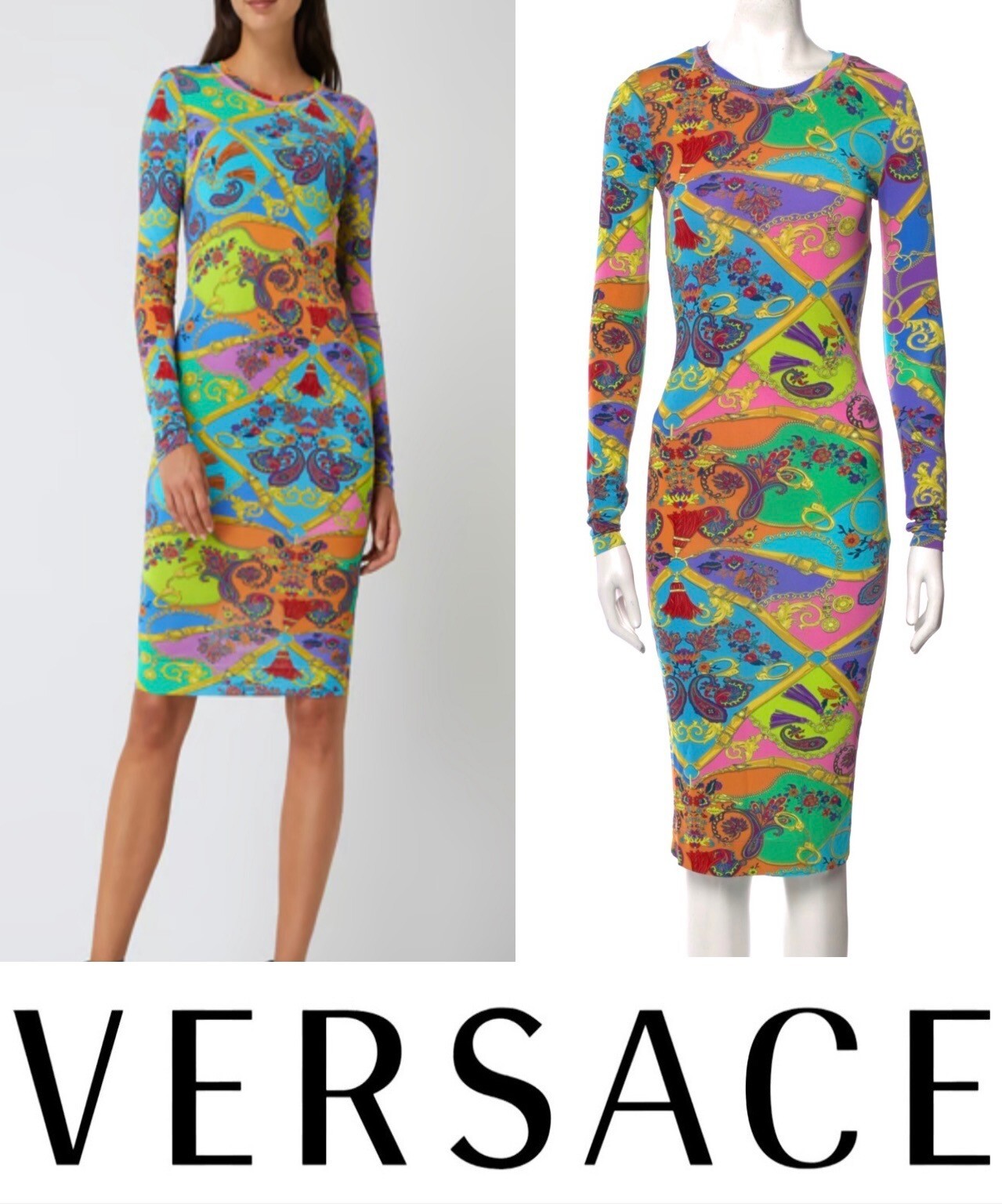 Versace Jeans Couture 2019 Blue Pink Medusa Sheath Dress 36 38 40 0 2 4 XS S
