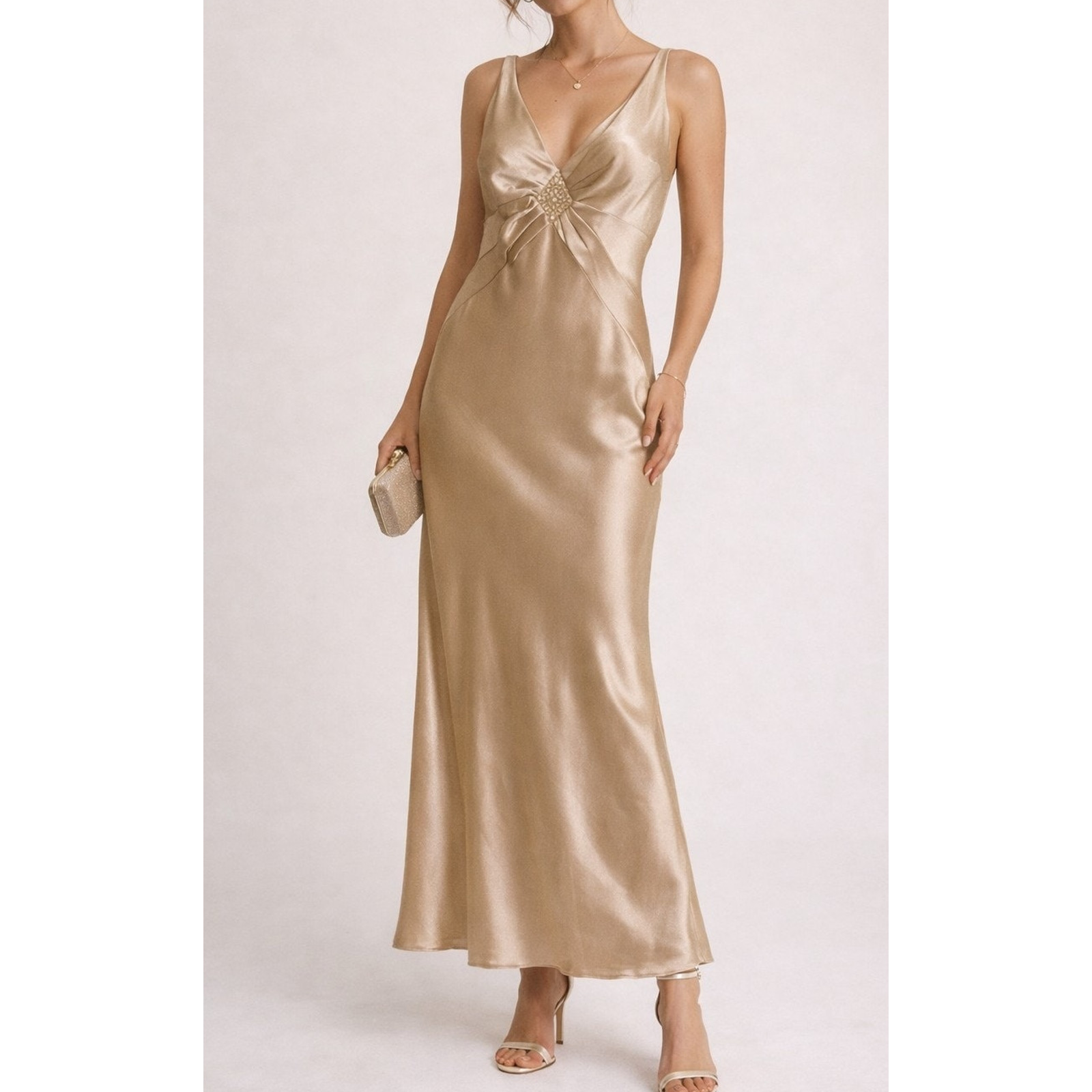 VTG Amanda Smith Satin Beaded Sequin Dress Size 6 Champagne Y2K Glam Prom Event