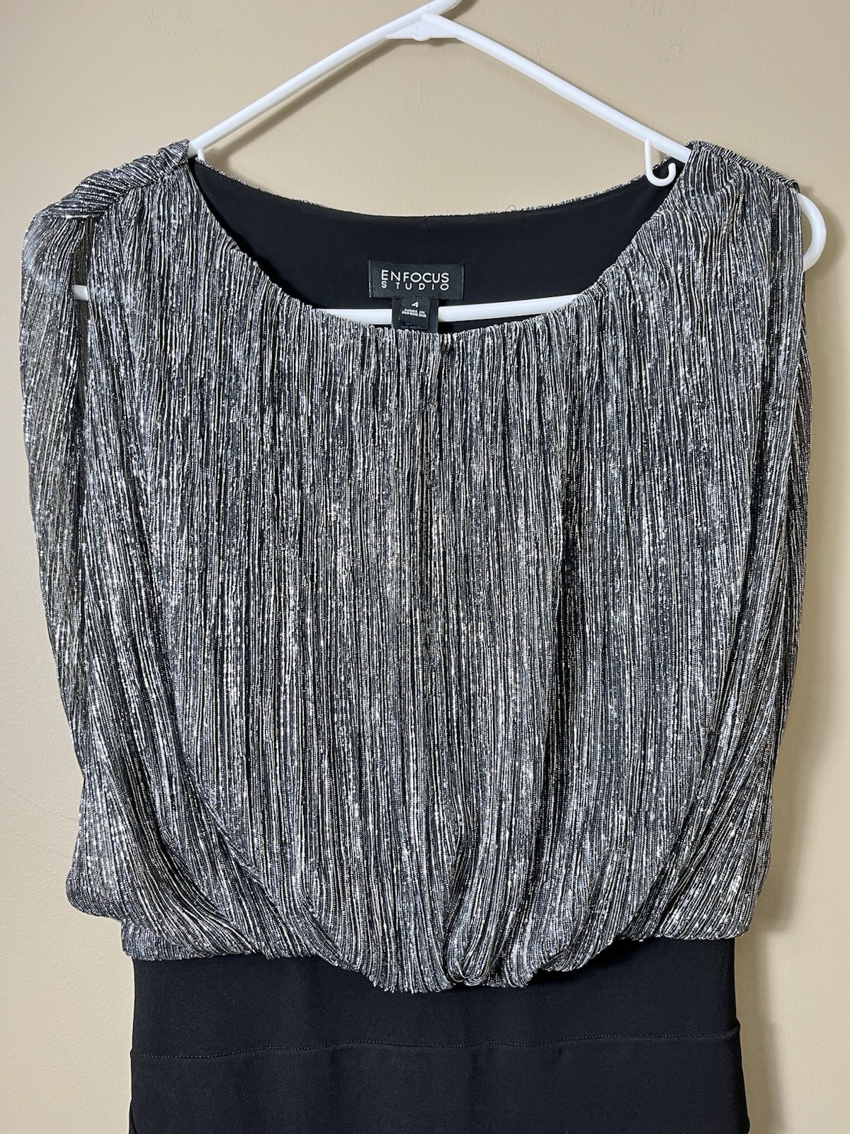 Enfocus Studio Silver Black Blouson Dress Size 4 Tiered Bandage Cocktail Glam