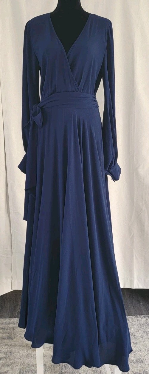 Merritt Los Angeles Navy Blue Wrap Maxi Dress Long Sleeve Tie Waist Women’s M