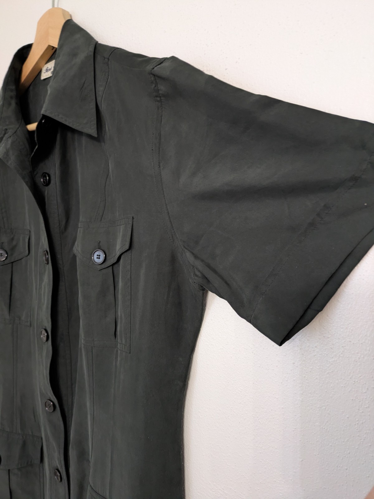 Pura Seta 100% Silk Black Button Front Collared Maxi Shirt Dress L Pockets
