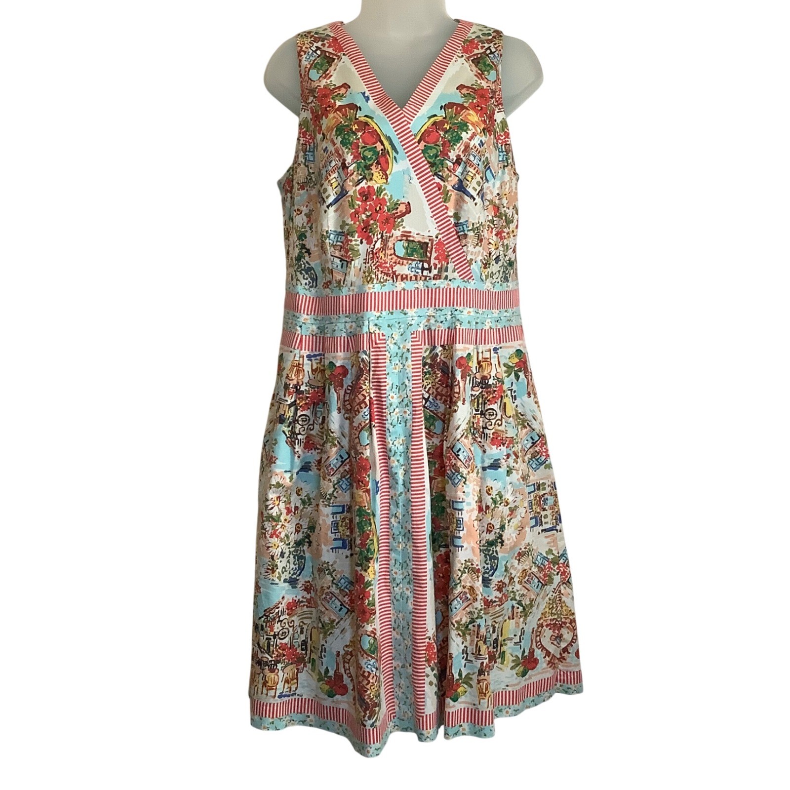 Talbots Mediterranean Cafe Novelty Print Sleeveless Cotton Dress Multi Color 10