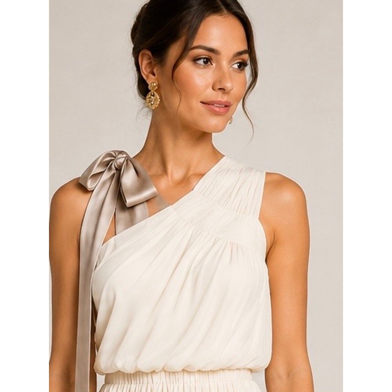 Needle & Thread Ivory Grecian One Shoulder Satin Maxi Gown Taupe Bow US 8