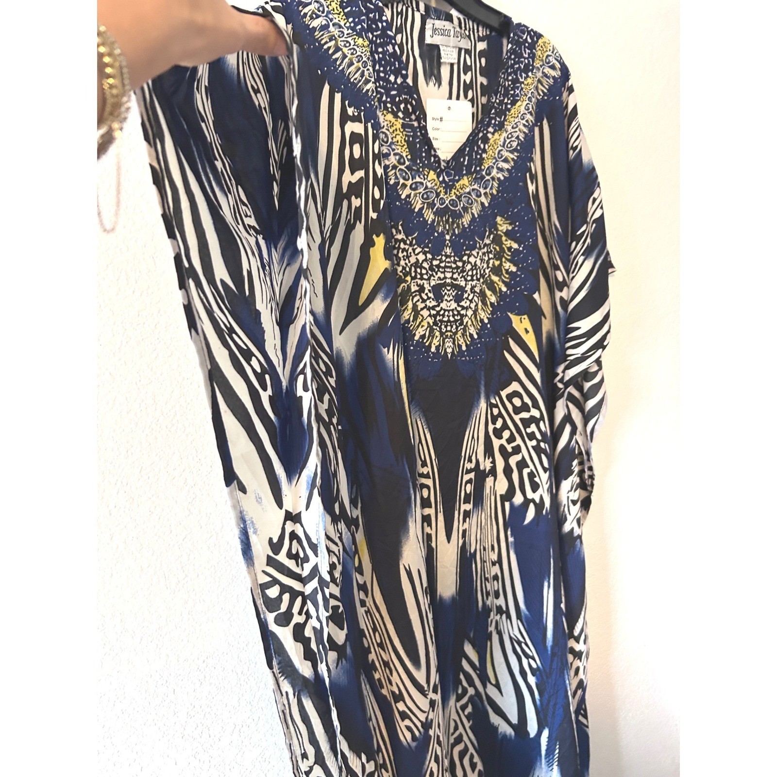 Boho Jessica Taylor NWT Blue Tribal Print Embellished Kaftan Maxi Dress OS