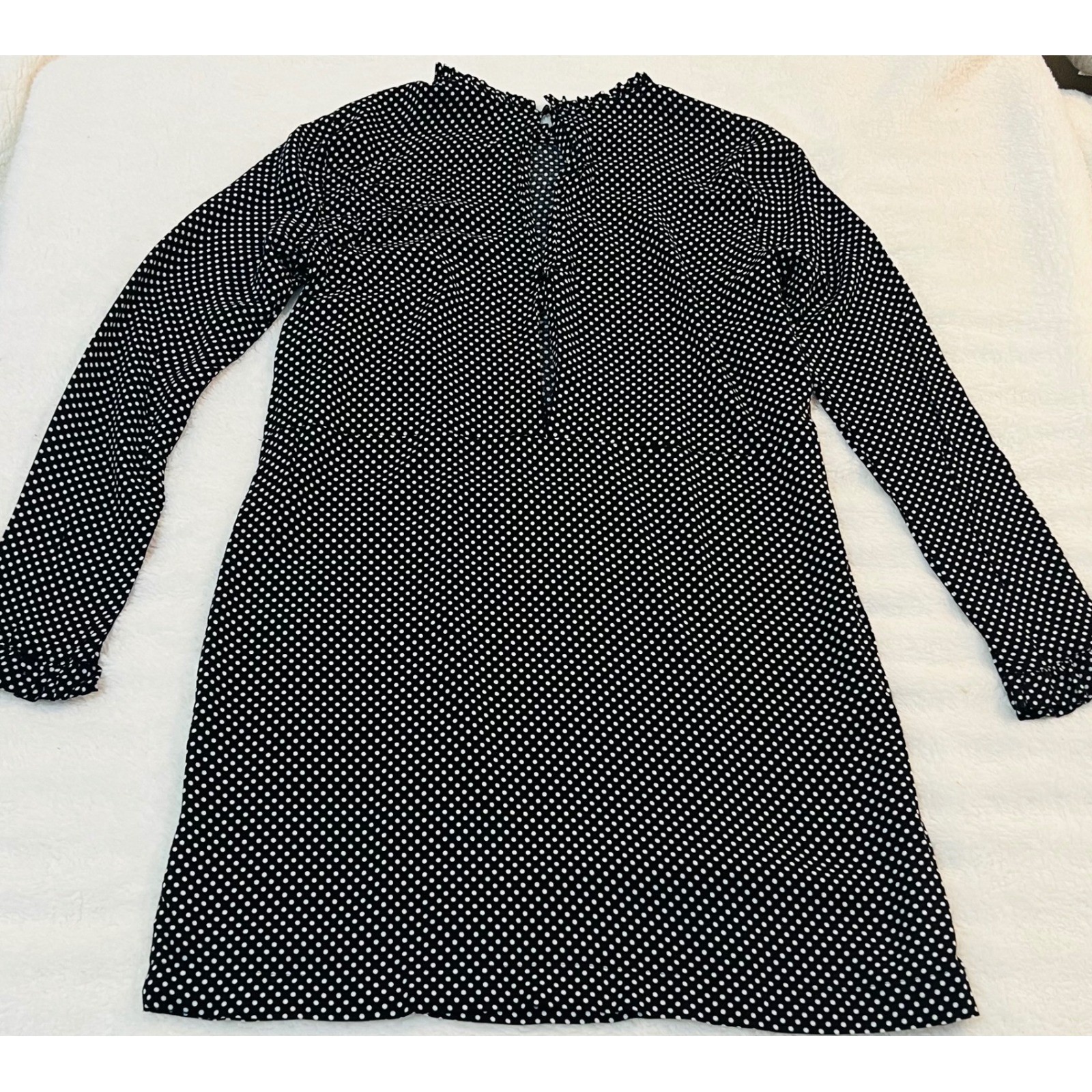 HM Black White Polka Dot Ruffle Neck Long Sleeve Shift Dress Size 6