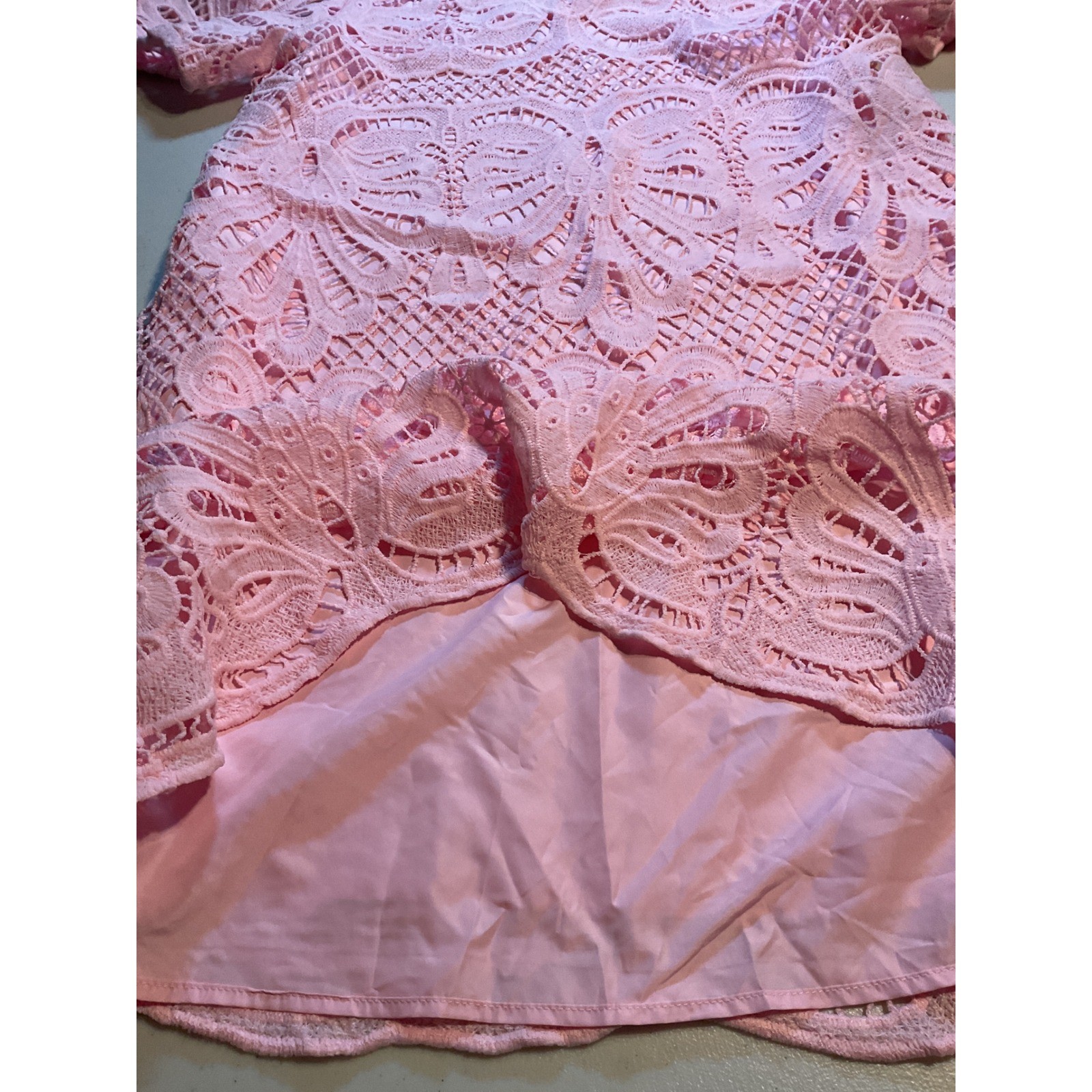 SHEIN Pink Butterfly Guipure Lace Mock Neck Puff Sleeve Shift Dress Large 8/10