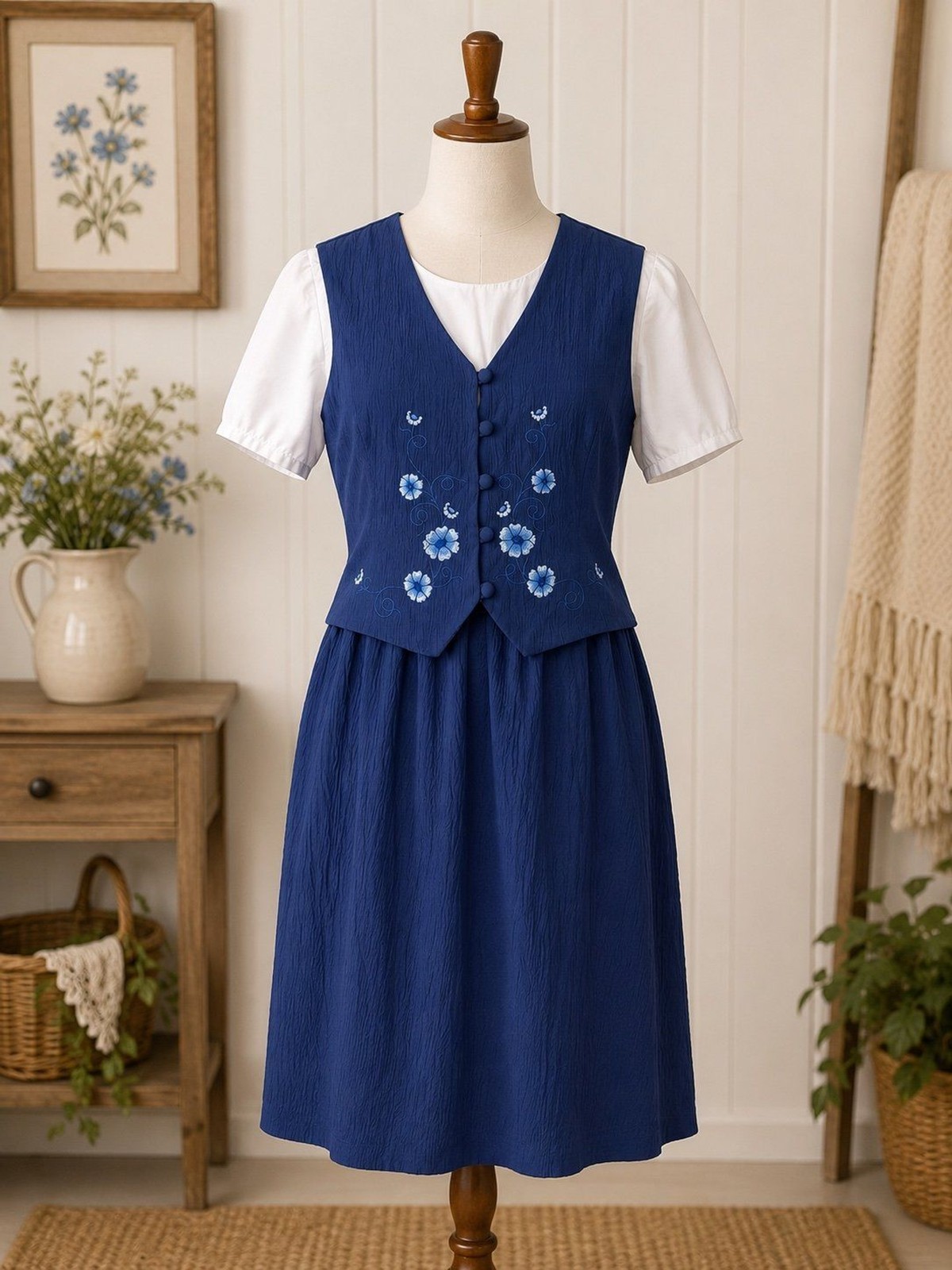 Blue Embroidered Cottagecore Midi Dress with Vest Made in USA Women’s 15/16 vtg