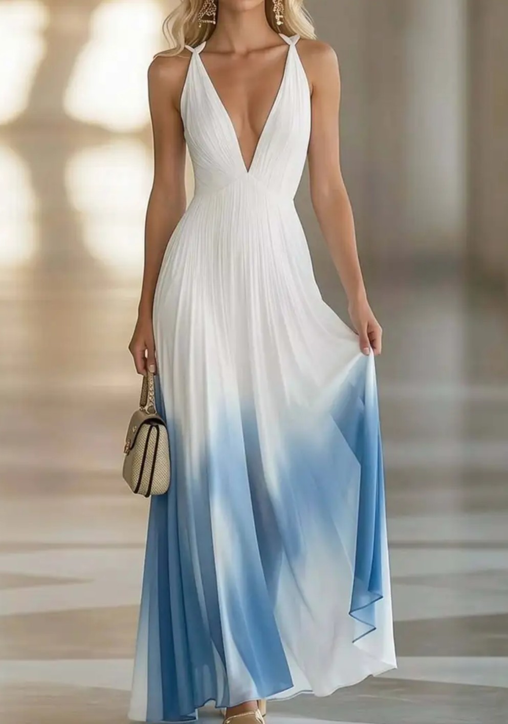 Elegant Spaghetti Strap Deep V-Neck Vacation-Style Design Maxi Dress